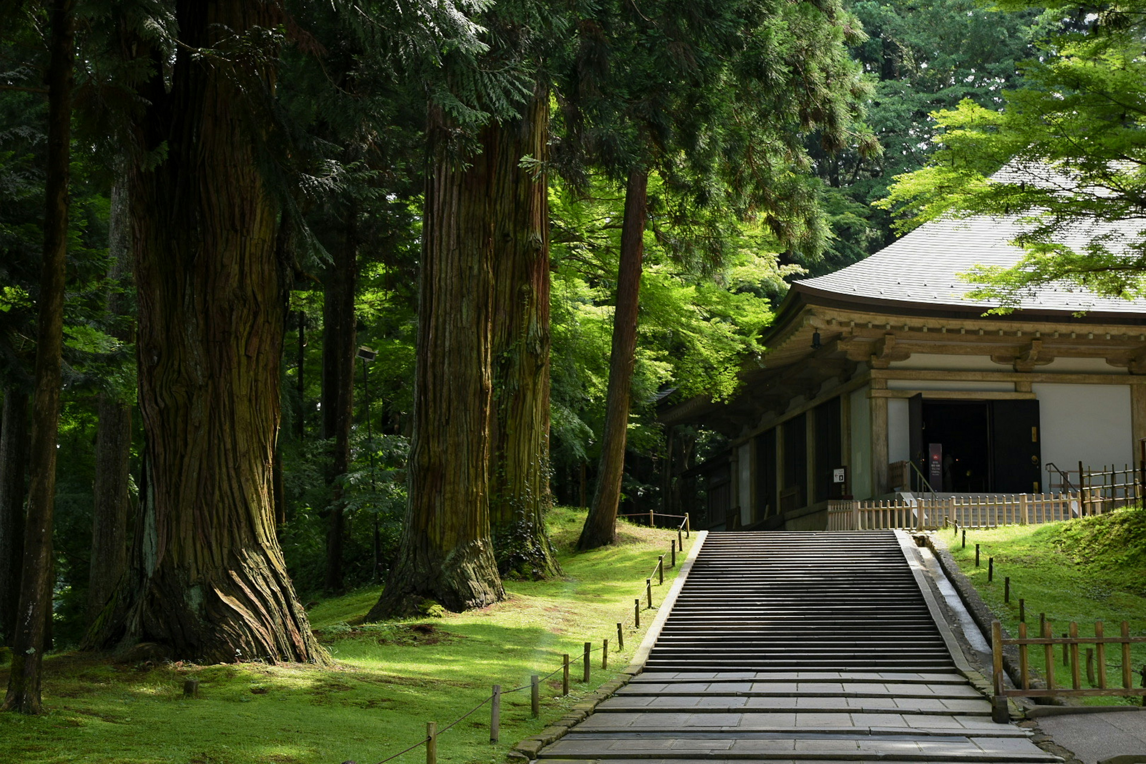 緑豊かな庭に囲まれた寺院の入り口と大きな木々