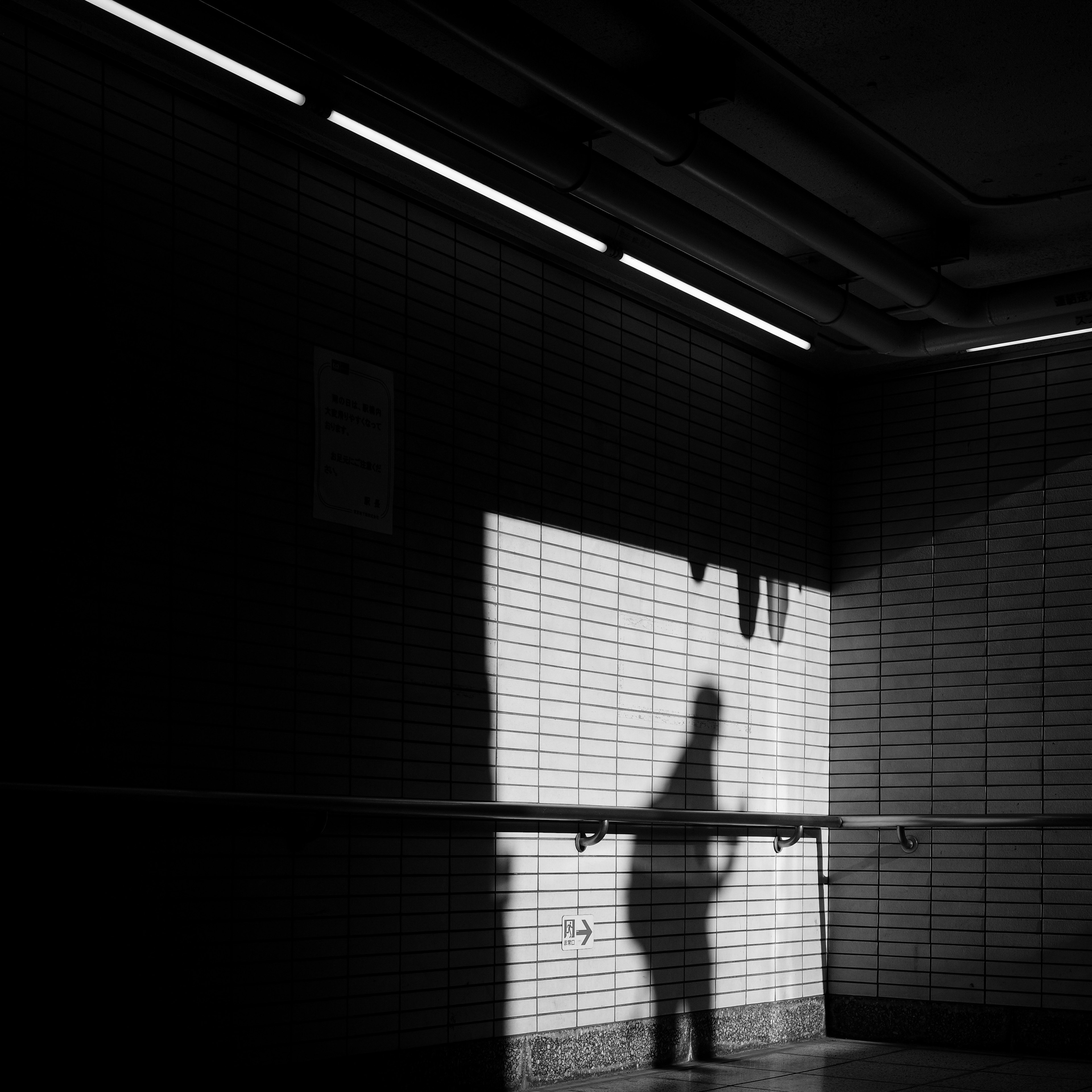 Silhouette di una persona in un corridoio buio con un muro bianco in contrasto