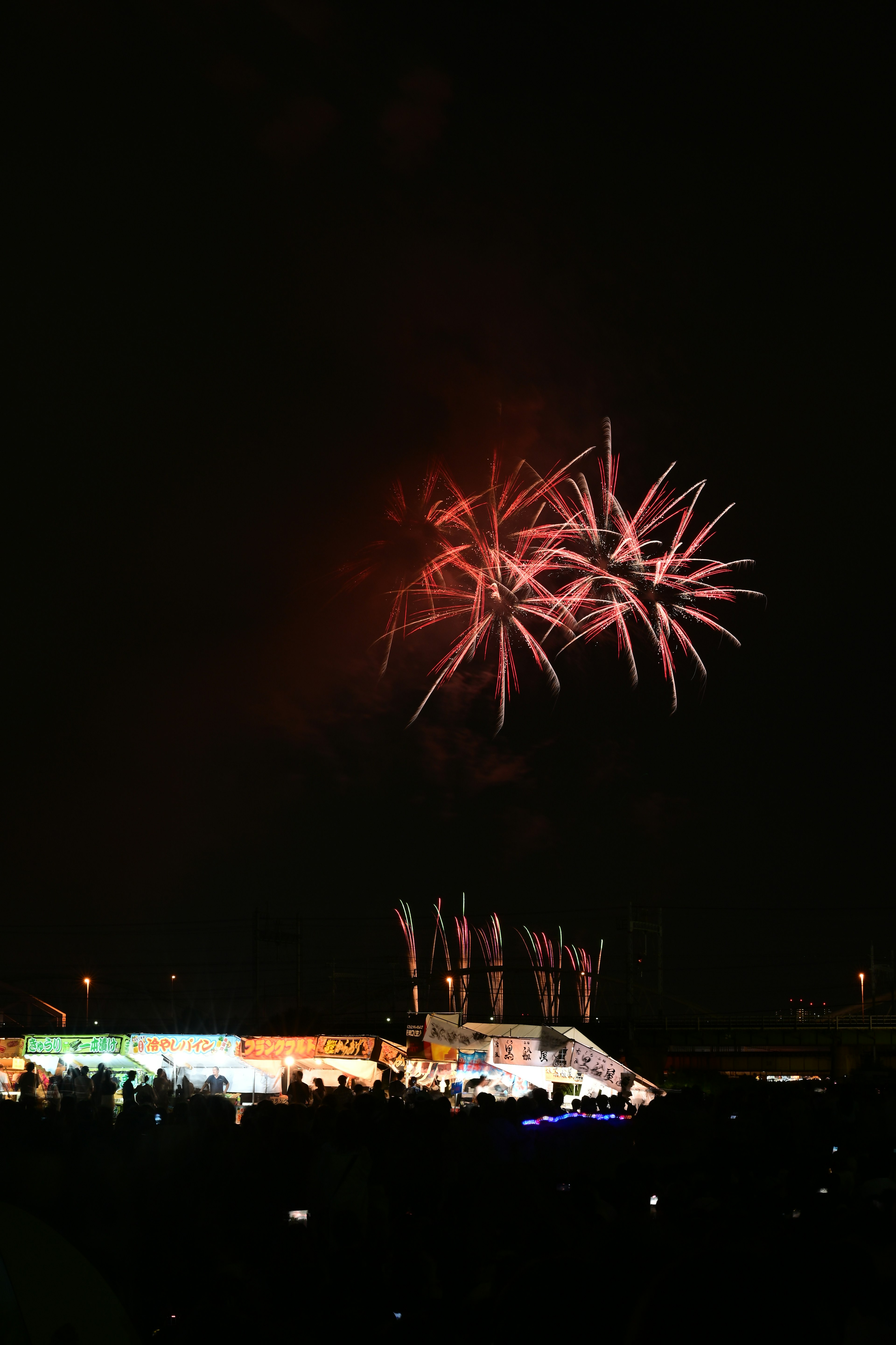 Espectáculo de fuegos artificiales coloridos estallando en el cielo nocturno sobre una multitud