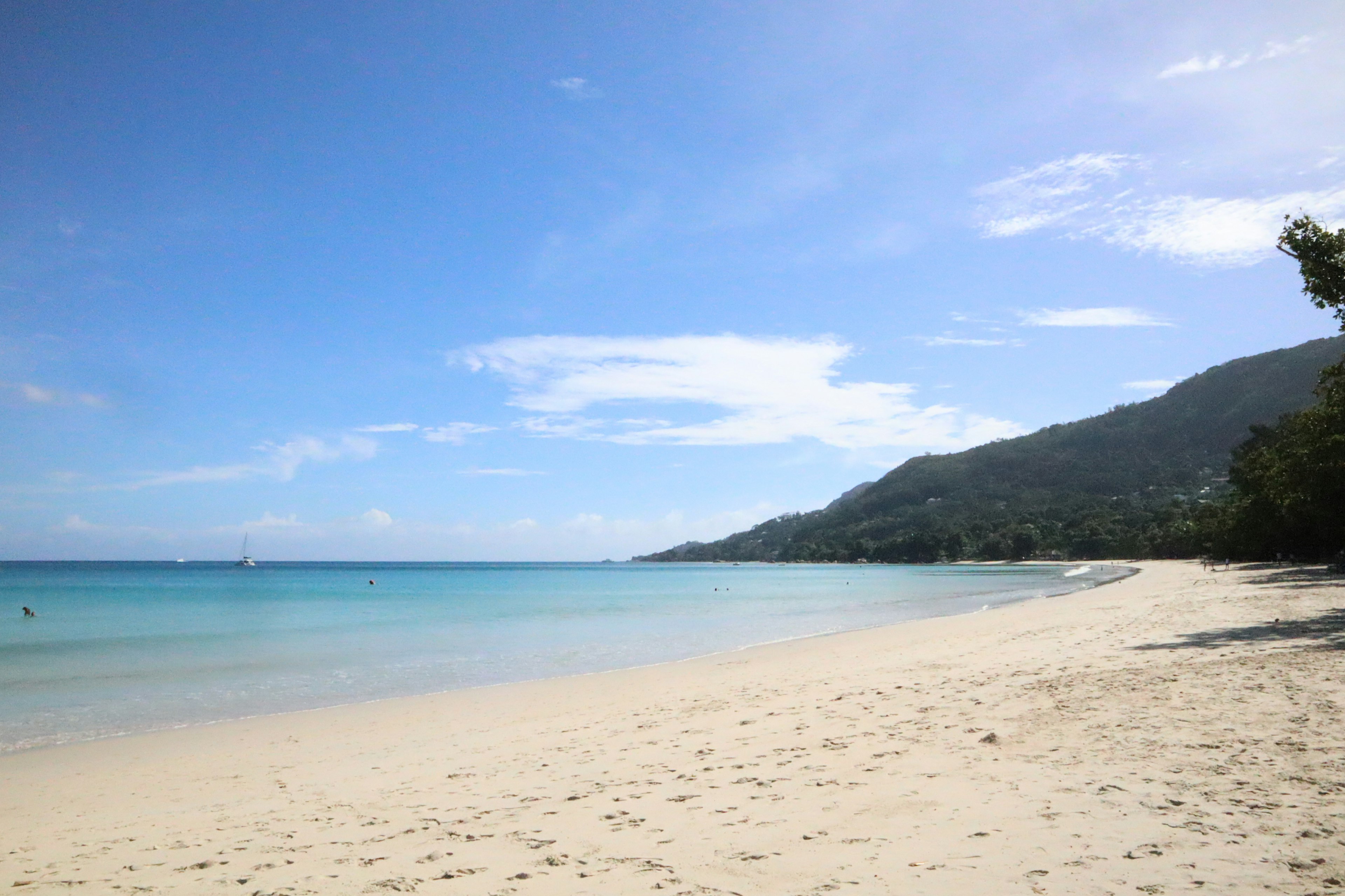 ทิวทัศน์ชายหาดที่มีมหาสมุทรสีฟ้าและทรายขาว