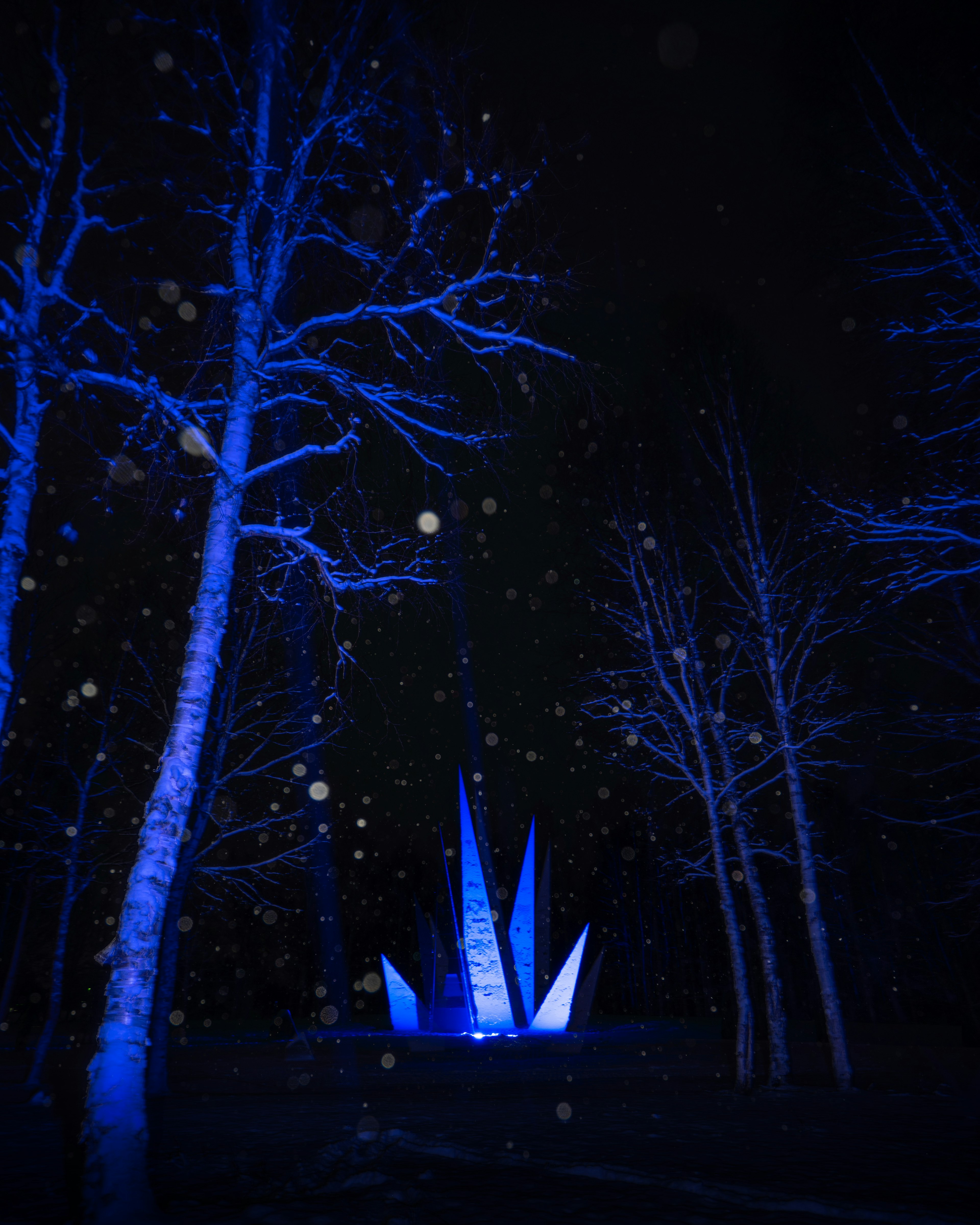 Blue illuminated sculpture with pointed shapes in a snowy night forest