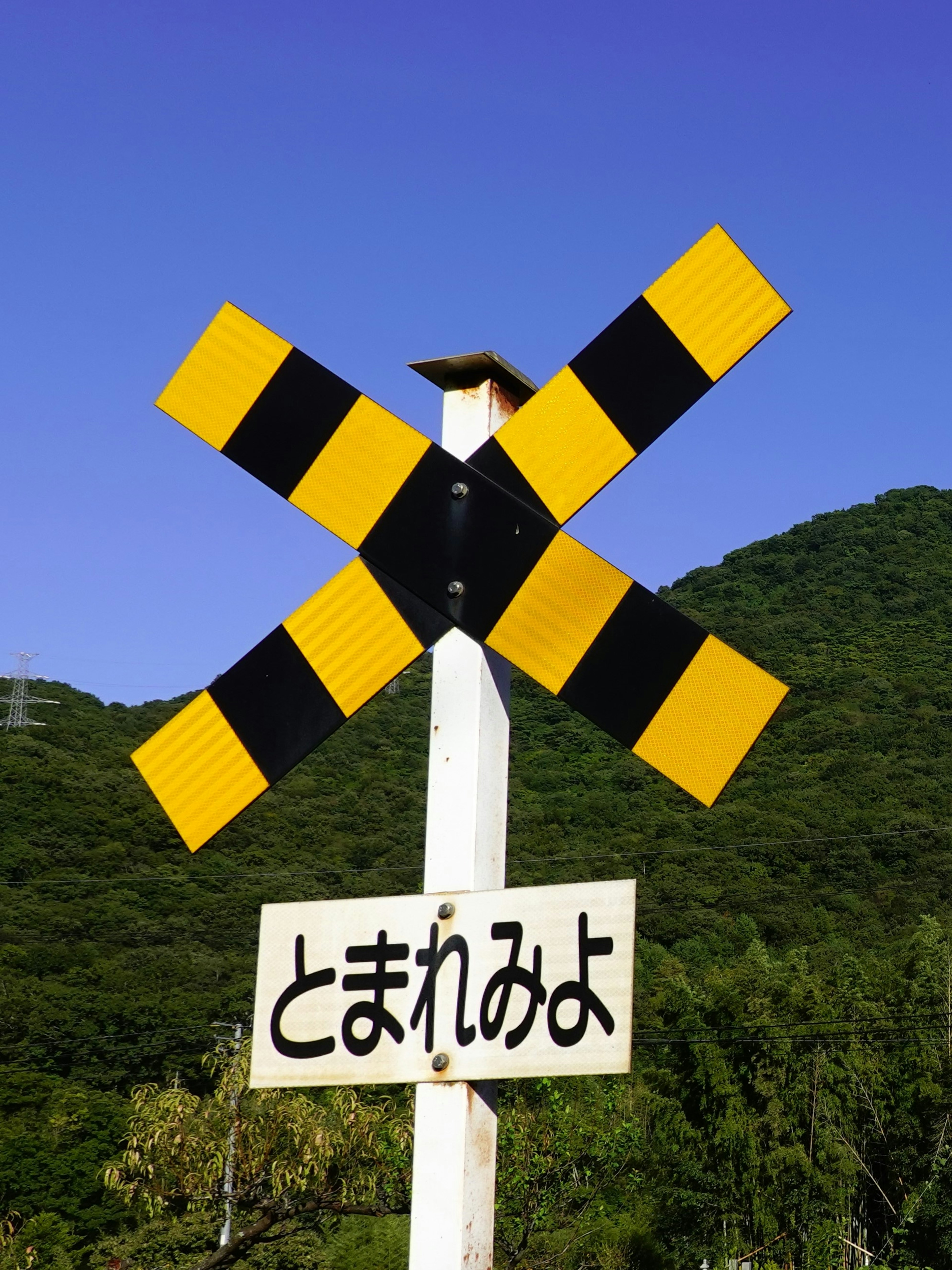 A yellow and black railroad crossing sign with Japanese text