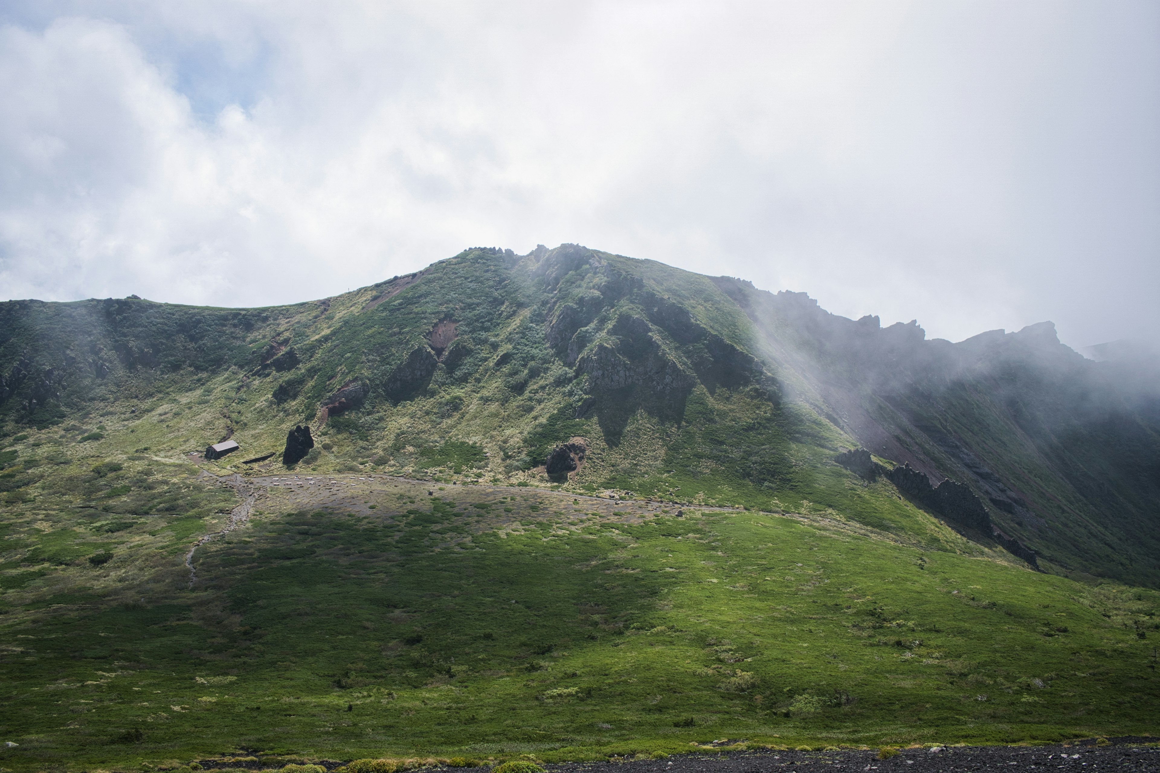 霧に覆われた緑豊かな山の風景