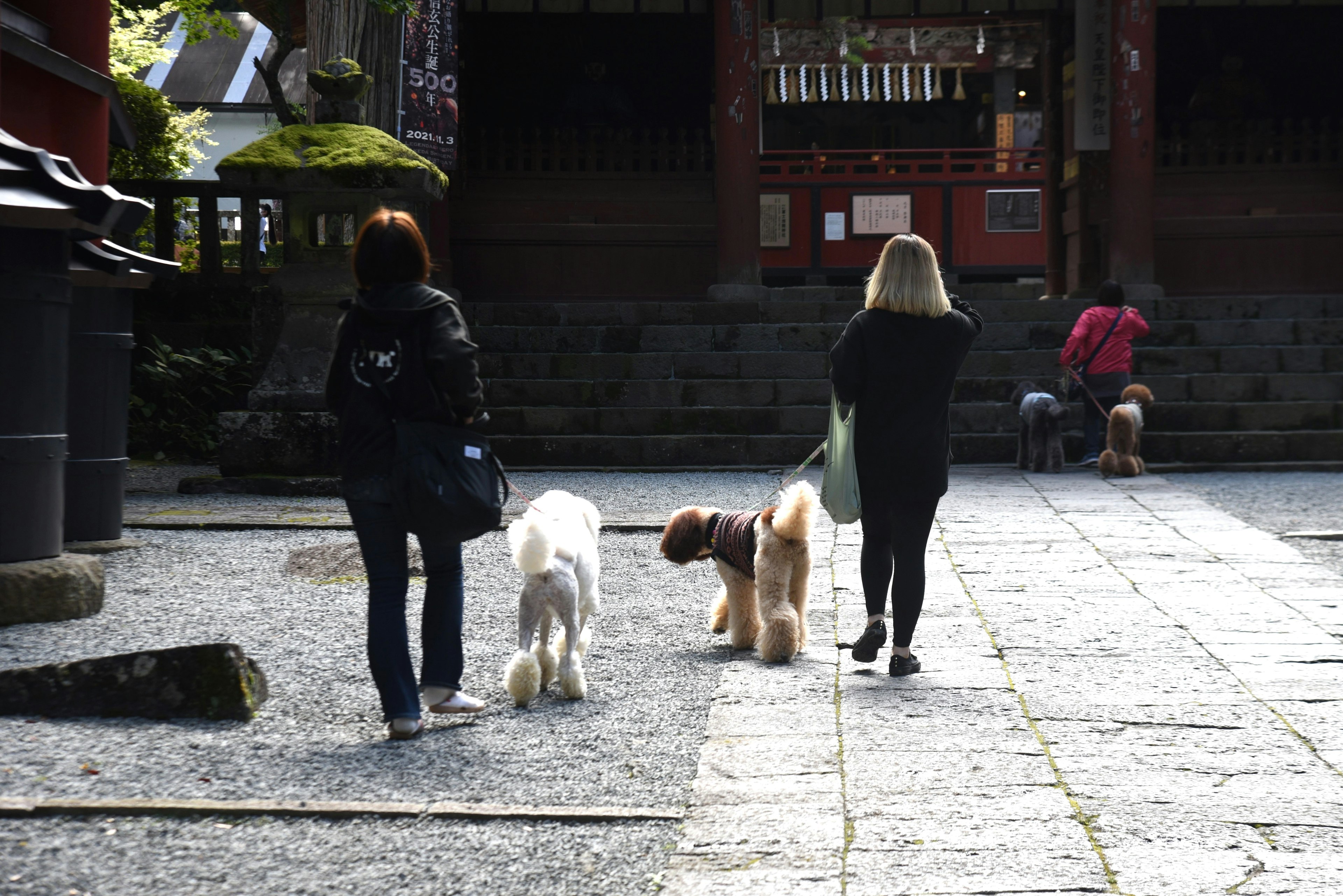 Zwei Frauen gehen mit Hunden auf einem Steinpflaster in einem Tempelhof