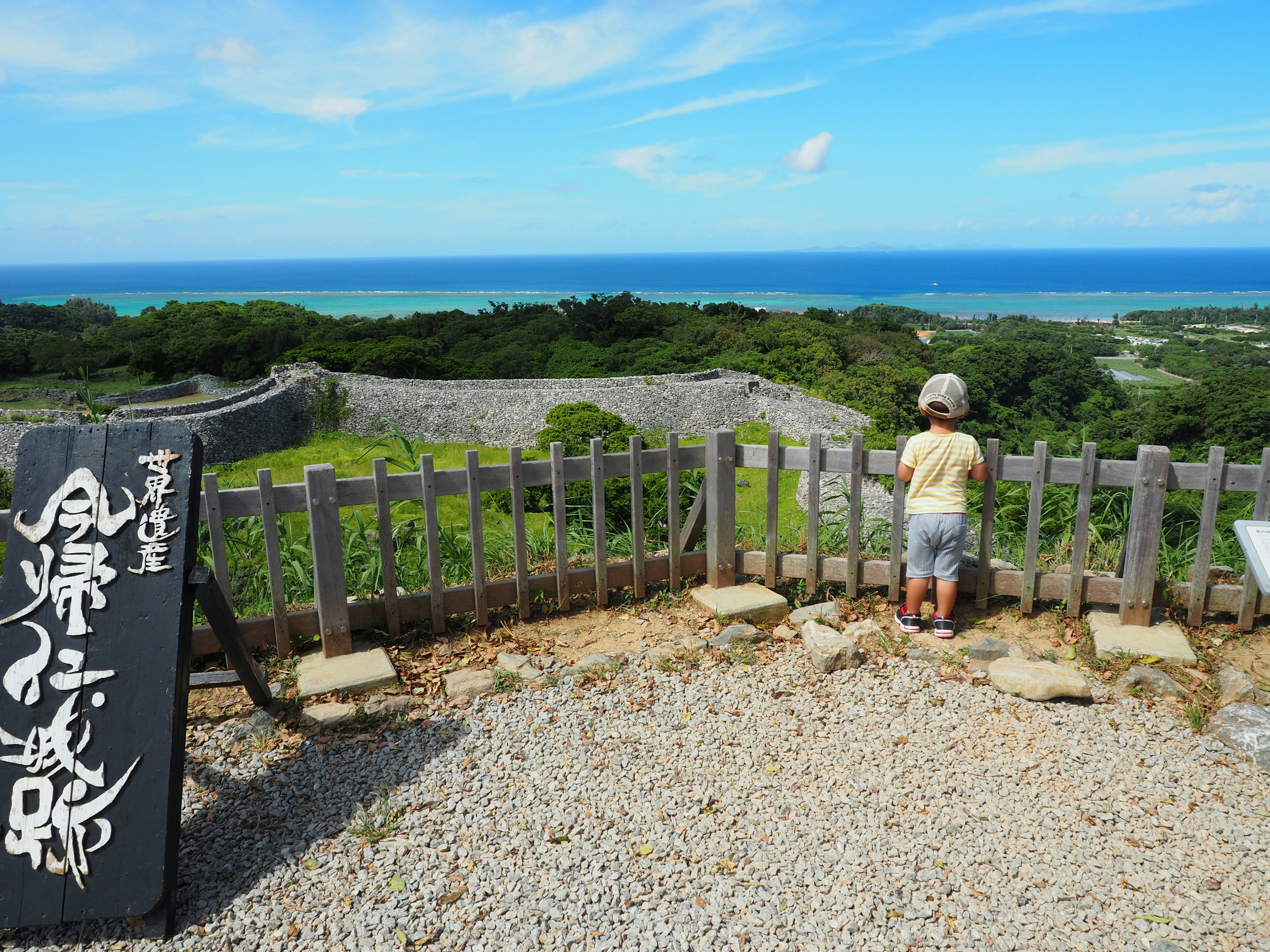 Child gazing at the blue sea and green hills