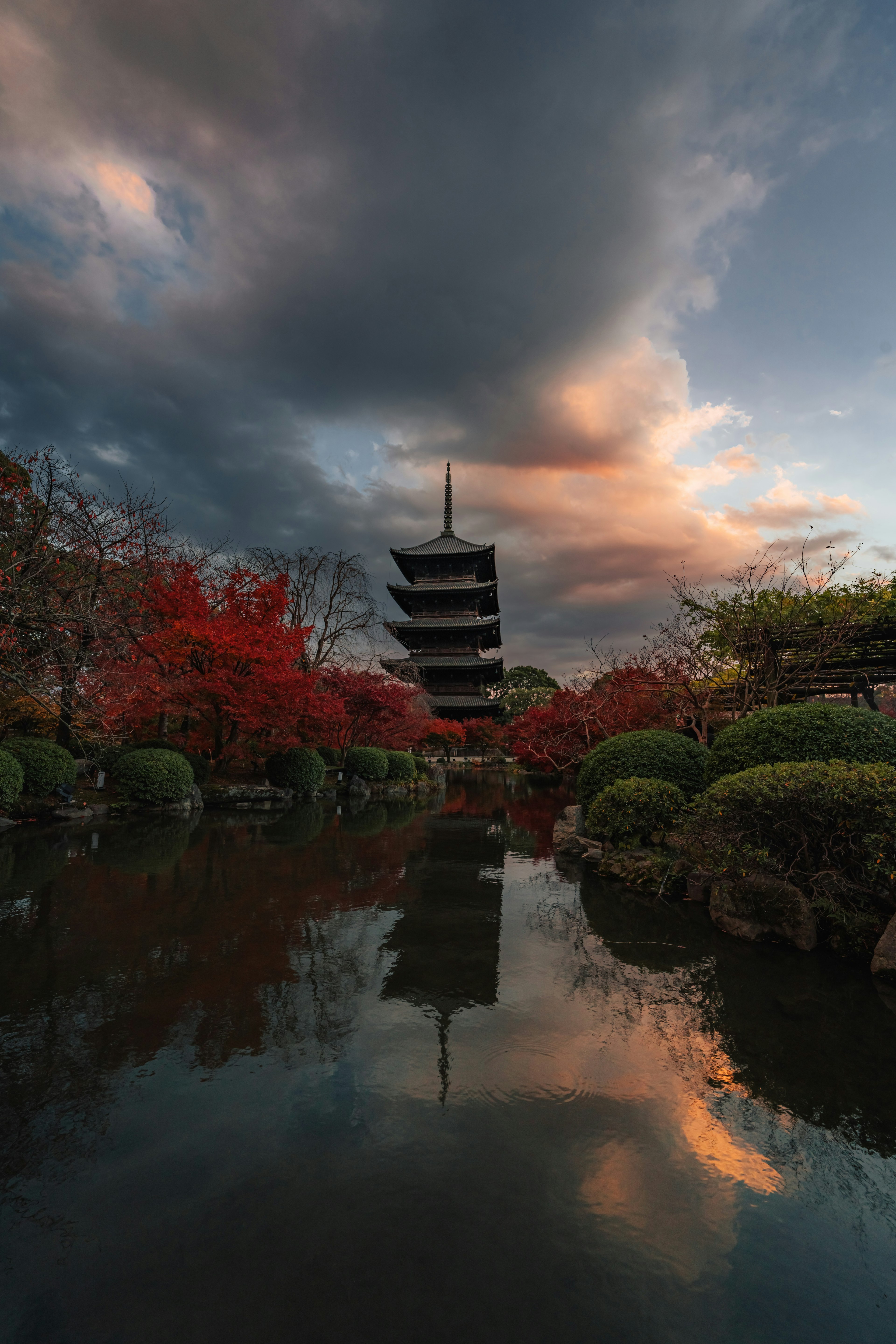 日本庭园秋天的叶子在池塘中映出的美丽景色，背景是一个塔楼