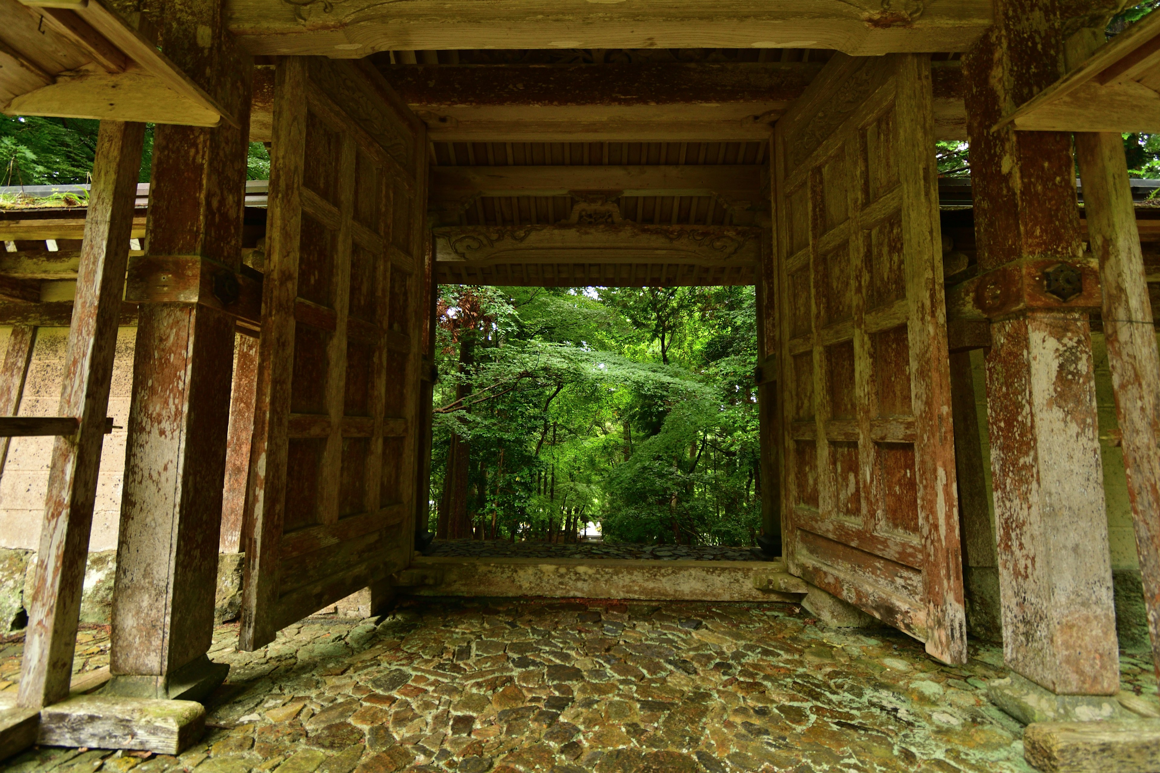 Passage en arc menant à un paysage verdoyant encadré par des murs usés