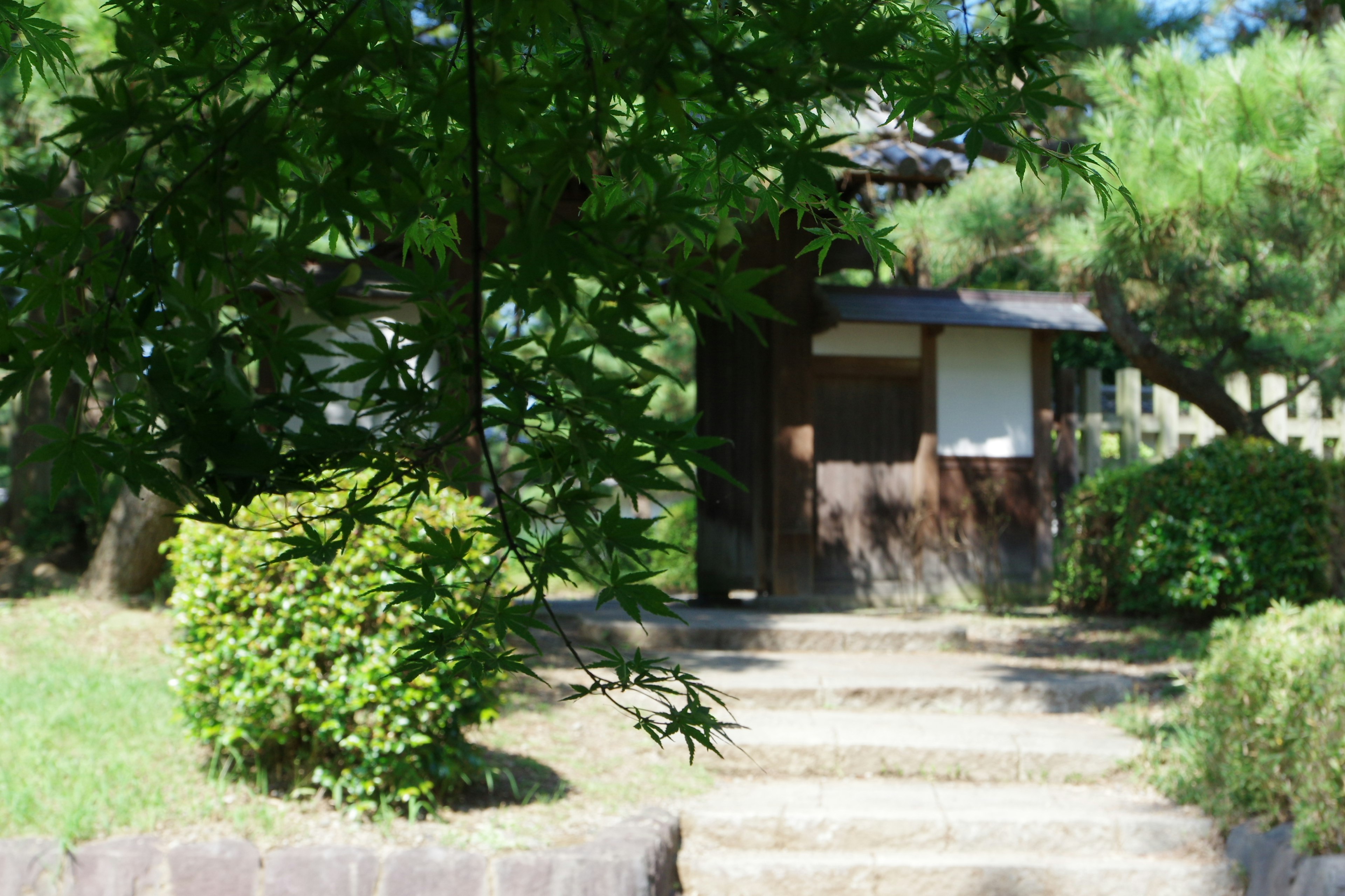 Entrée d'une maison japonaise traditionnelle entourée de plantes vertes