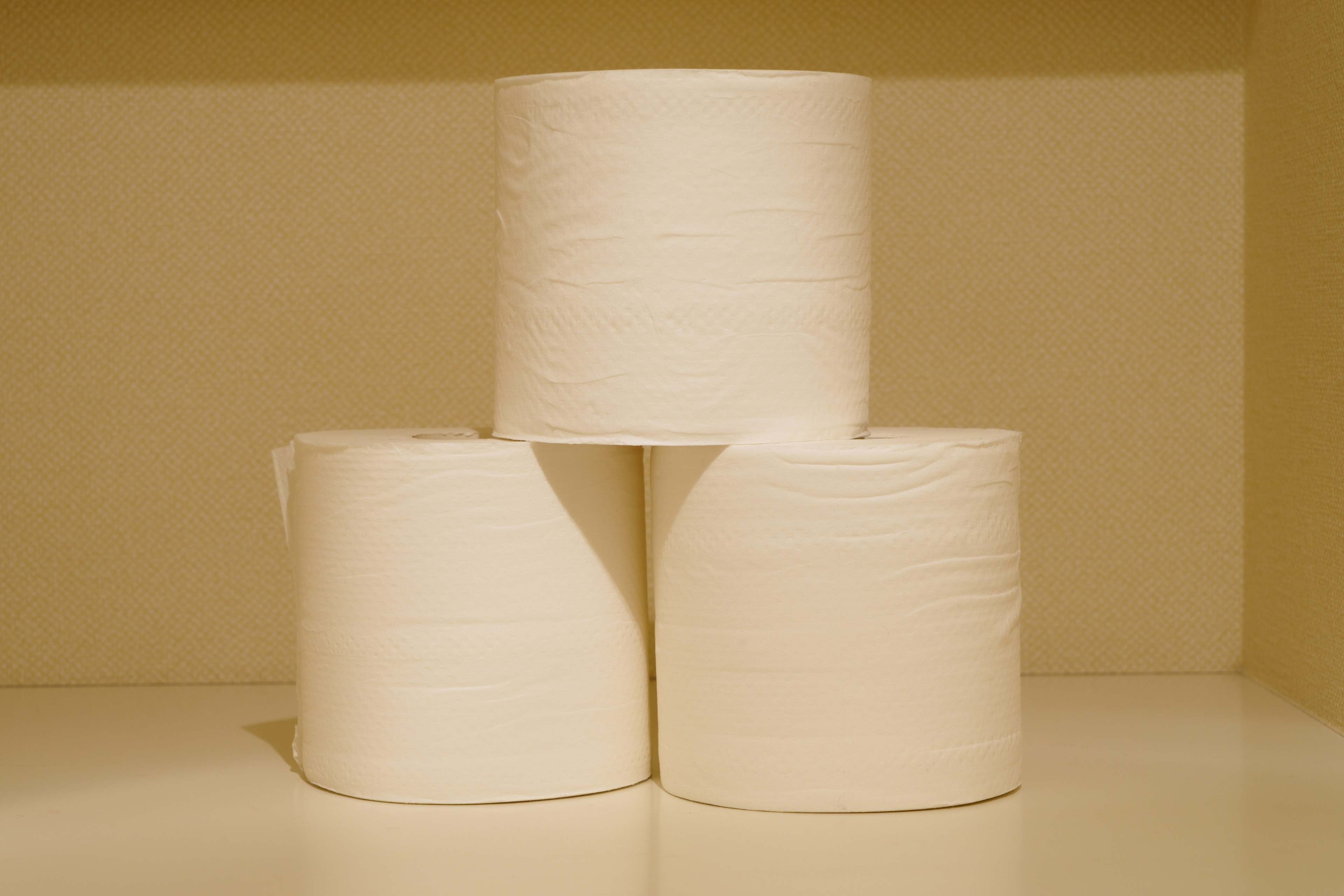 Three rolls of white toilet paper stacked on a shelf