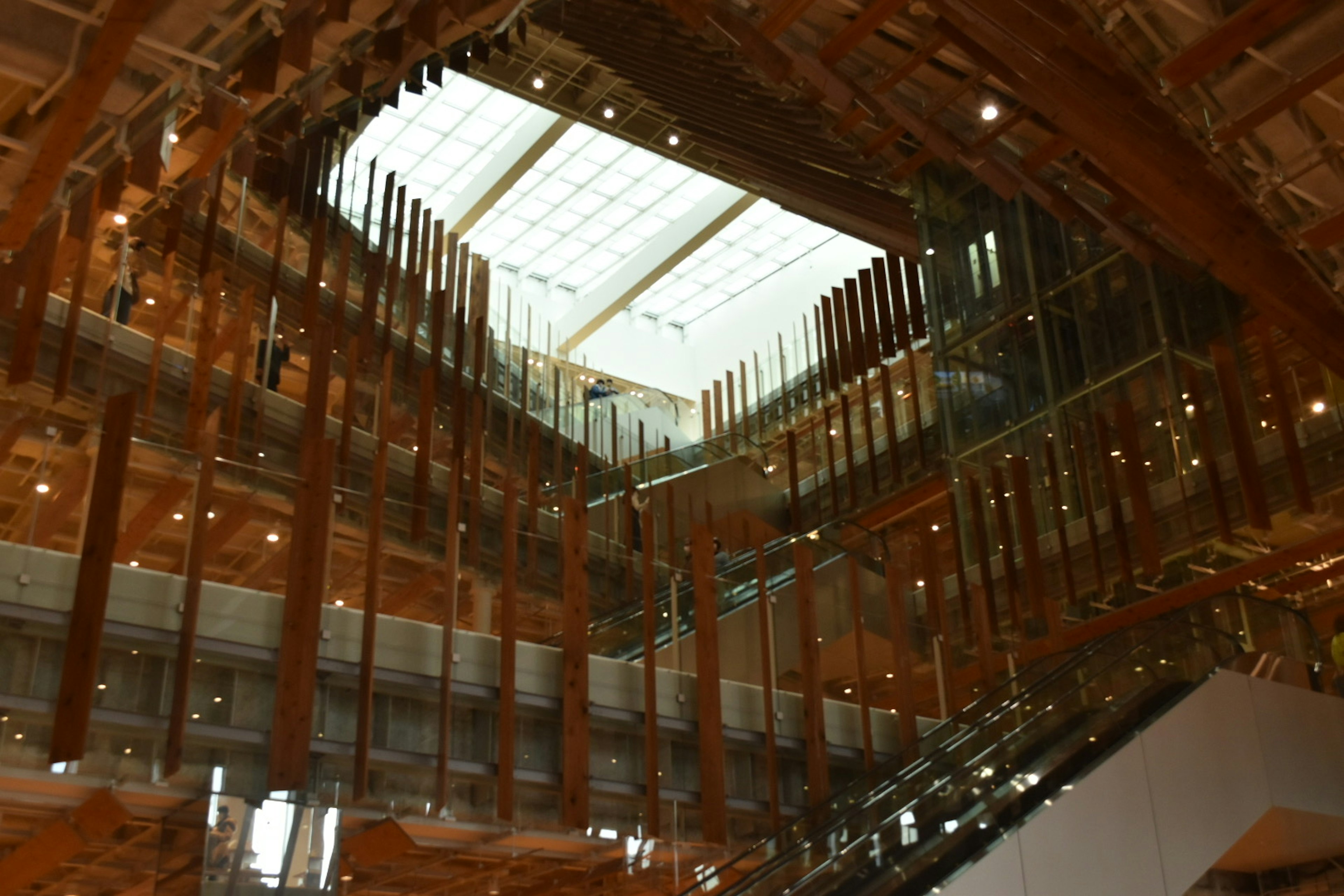 Interior view of a spacious building with wooden elements and natural light from skylights