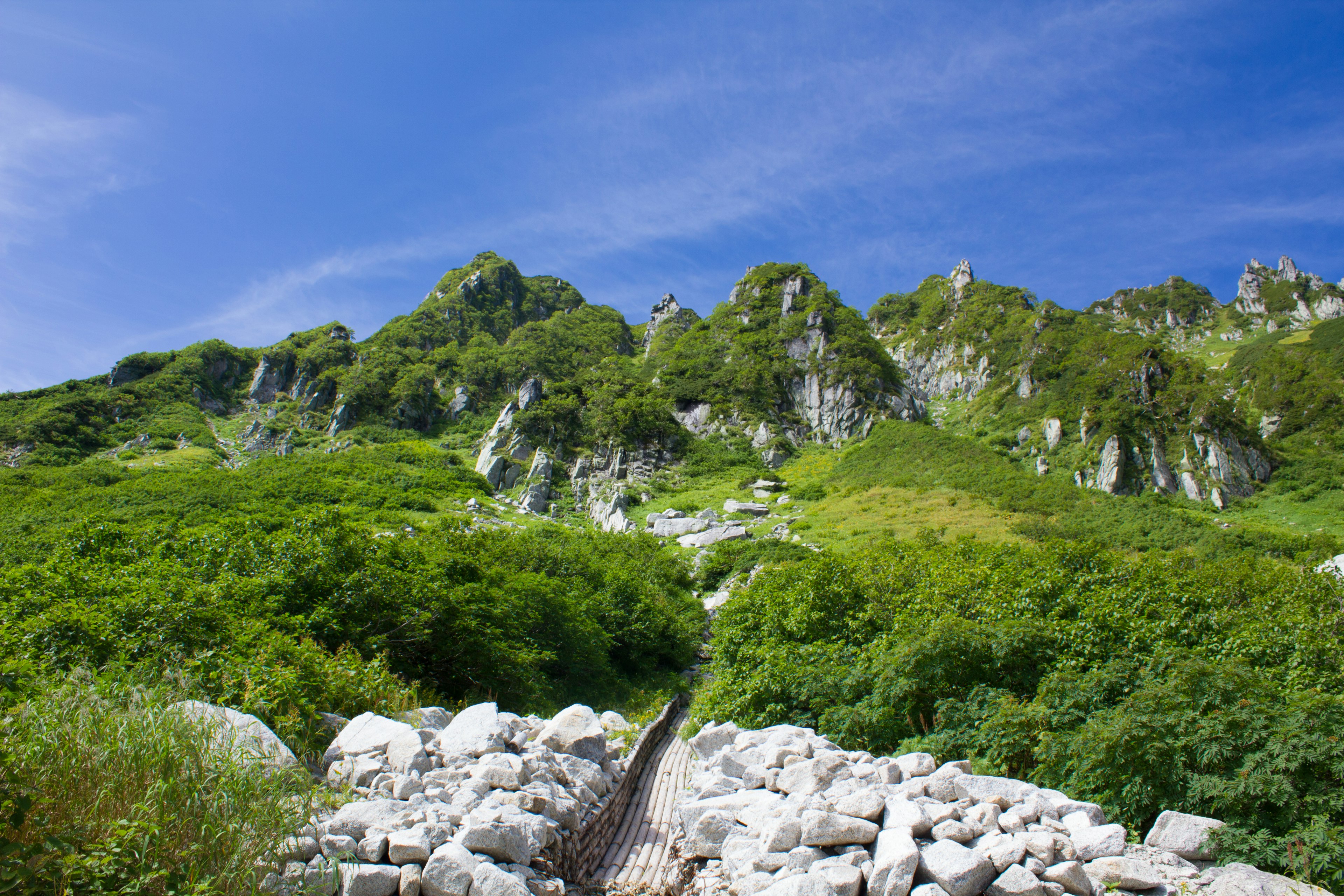 Vista panoramica di colline verdi e terreno roccioso sotto un cielo blu