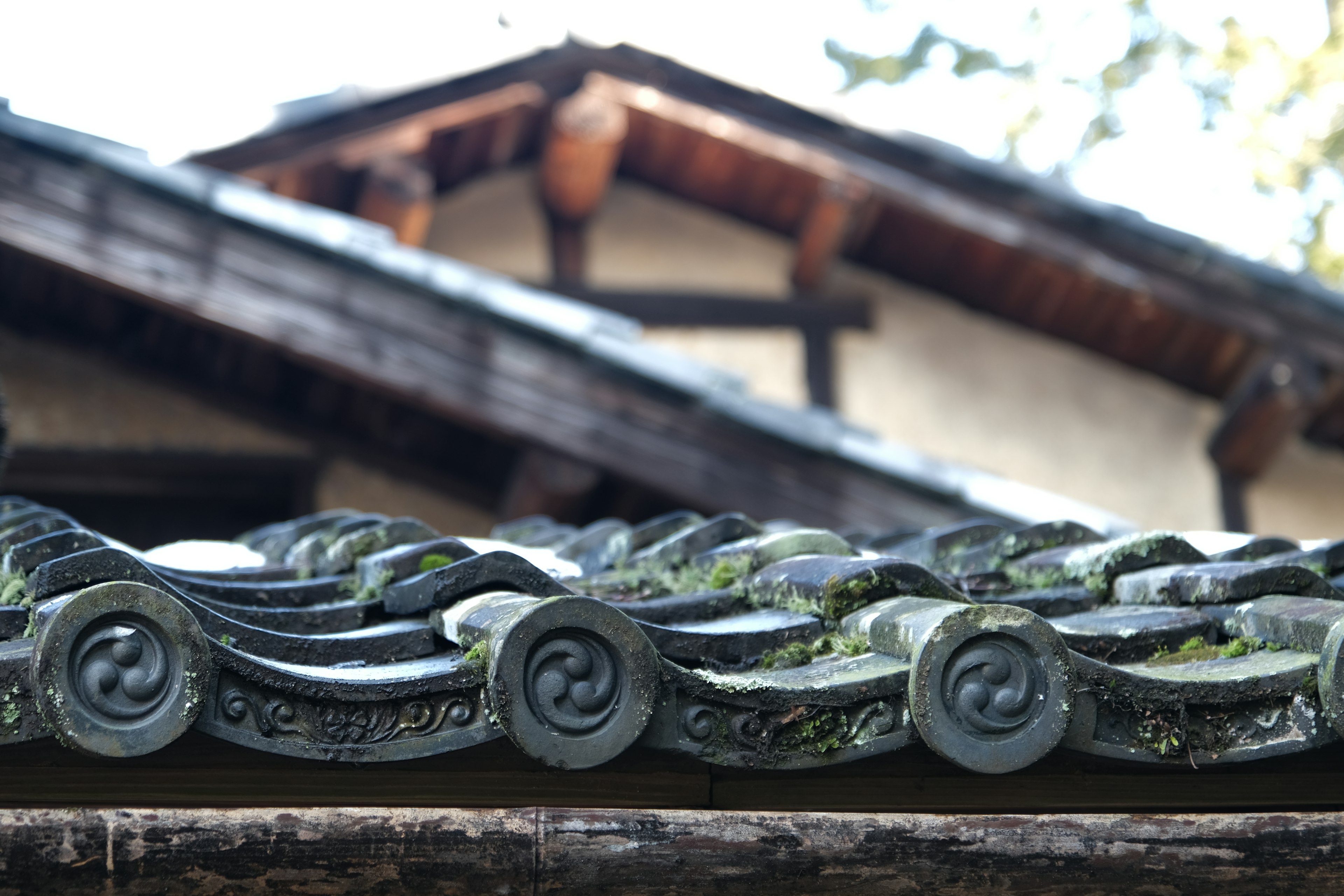 Close-up atap tradisional dengan genteng berlumut dan struktur kayu di latar belakang