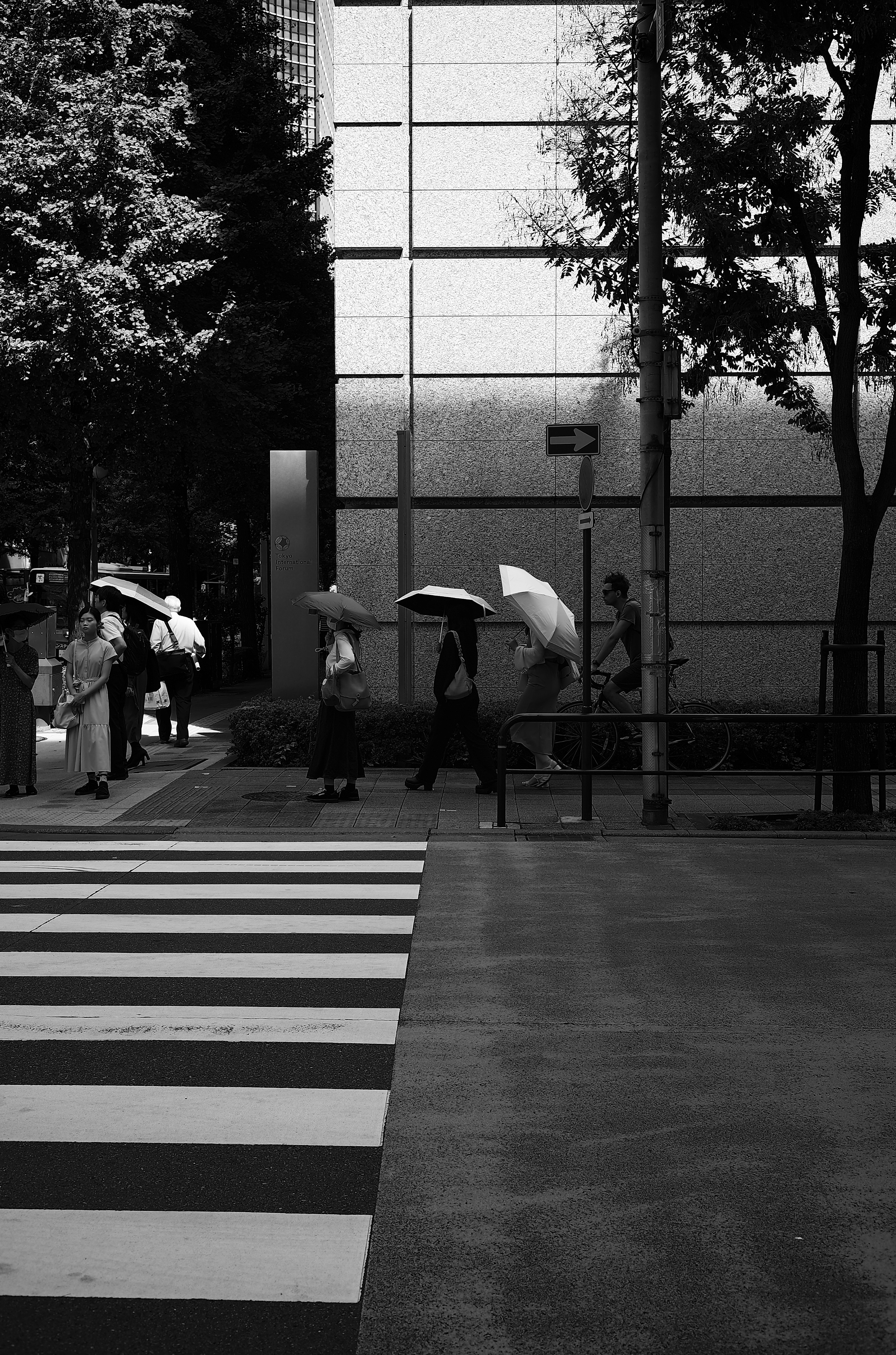 Image en noir et blanc montrant des piétons traversant une rue avec des parapluies dans un cadre urbain