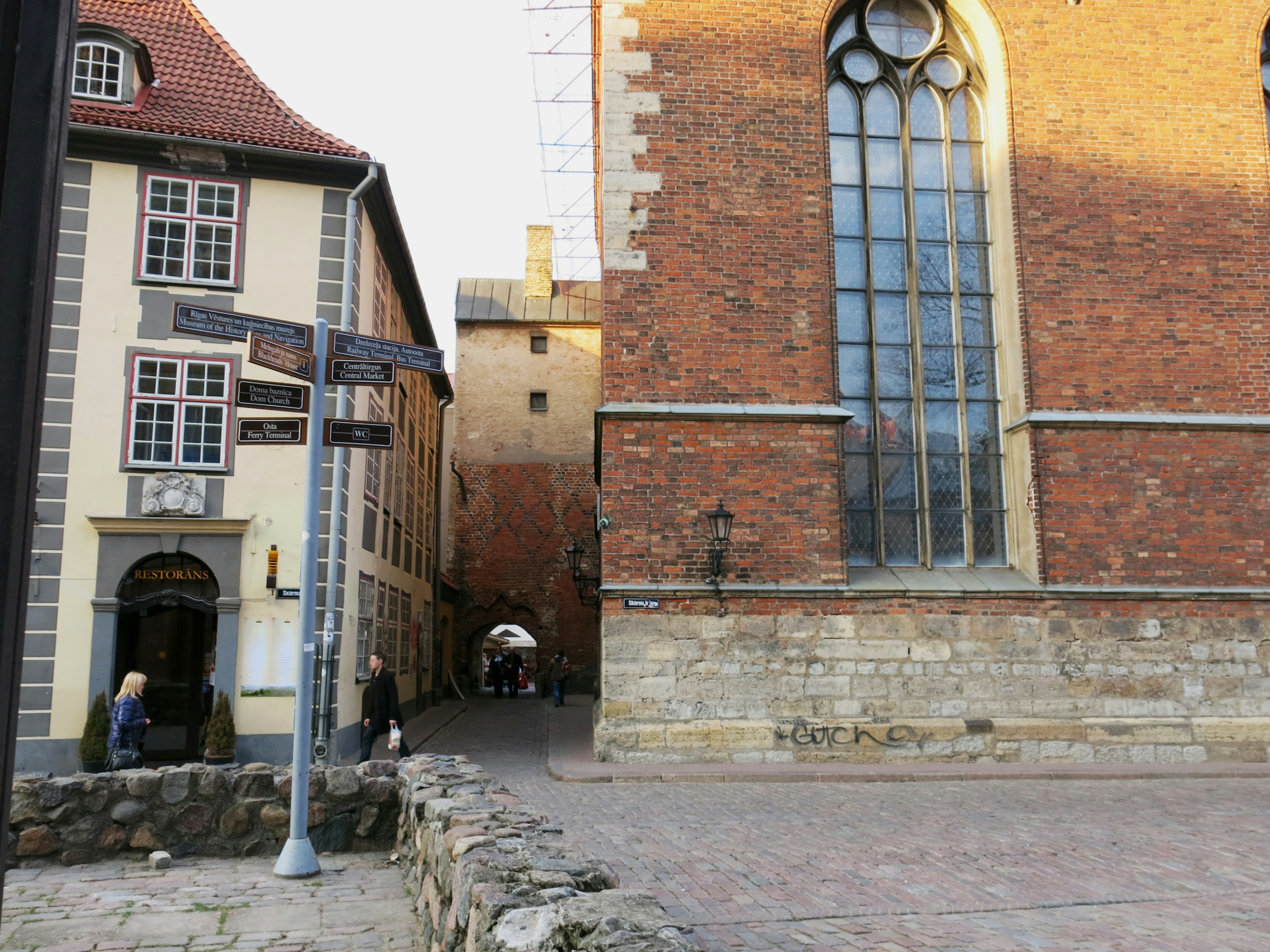 Historic buildings and cobblestone street at a city corner