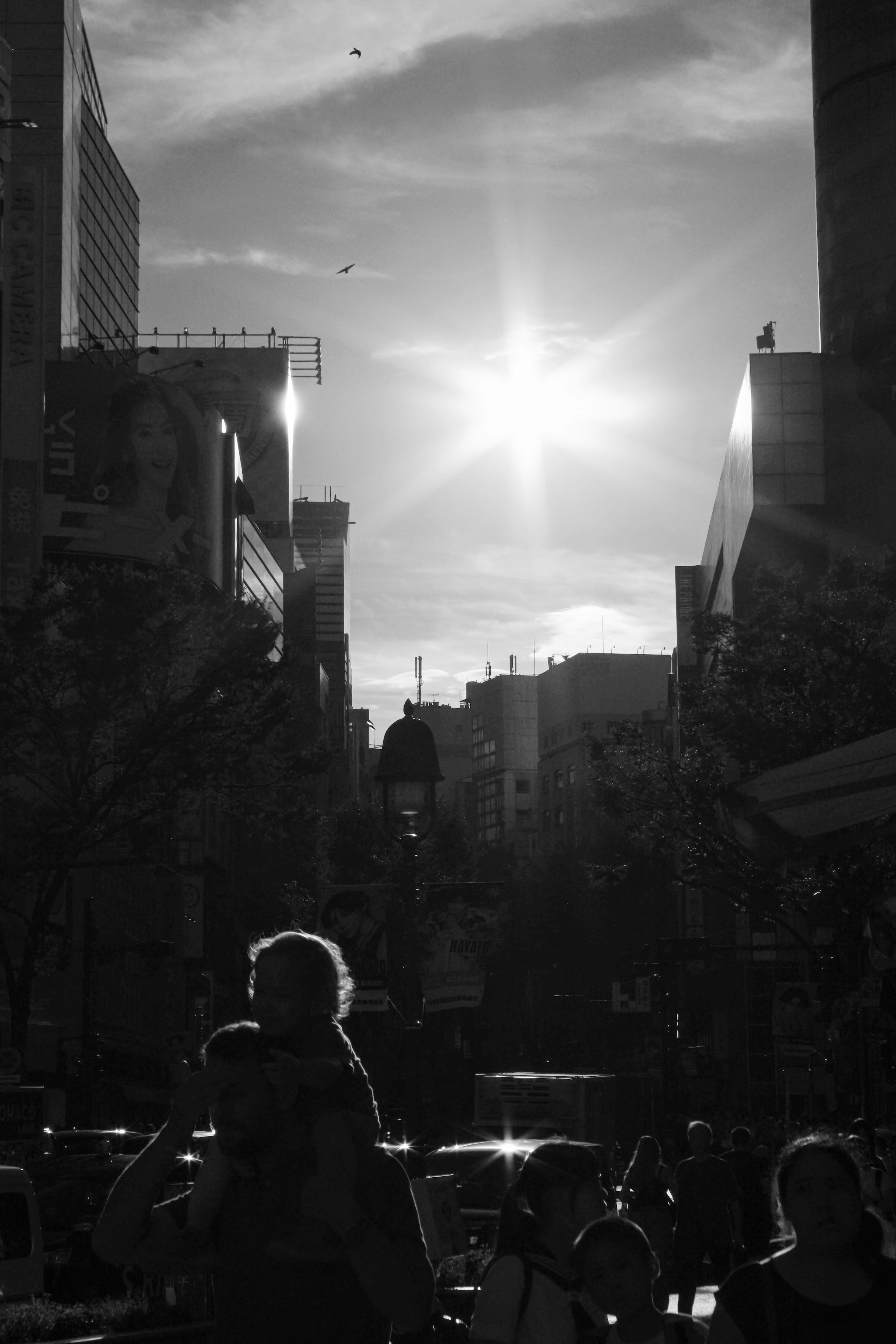 Silhouette einer Stadtstraße mit Sonnenlicht, das durch Menschen läuft