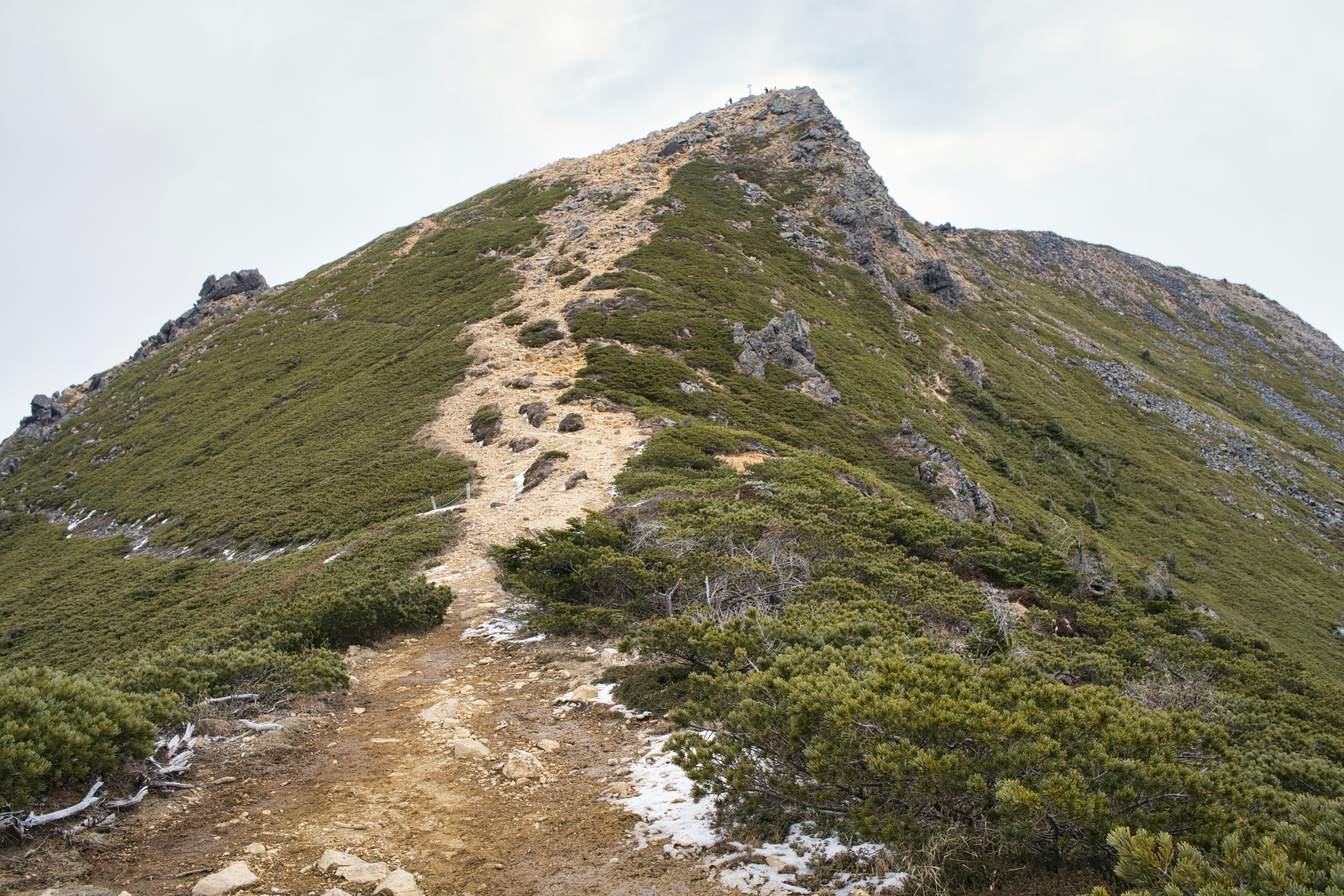 Steep mountain trail leading to a summit with green vegetation