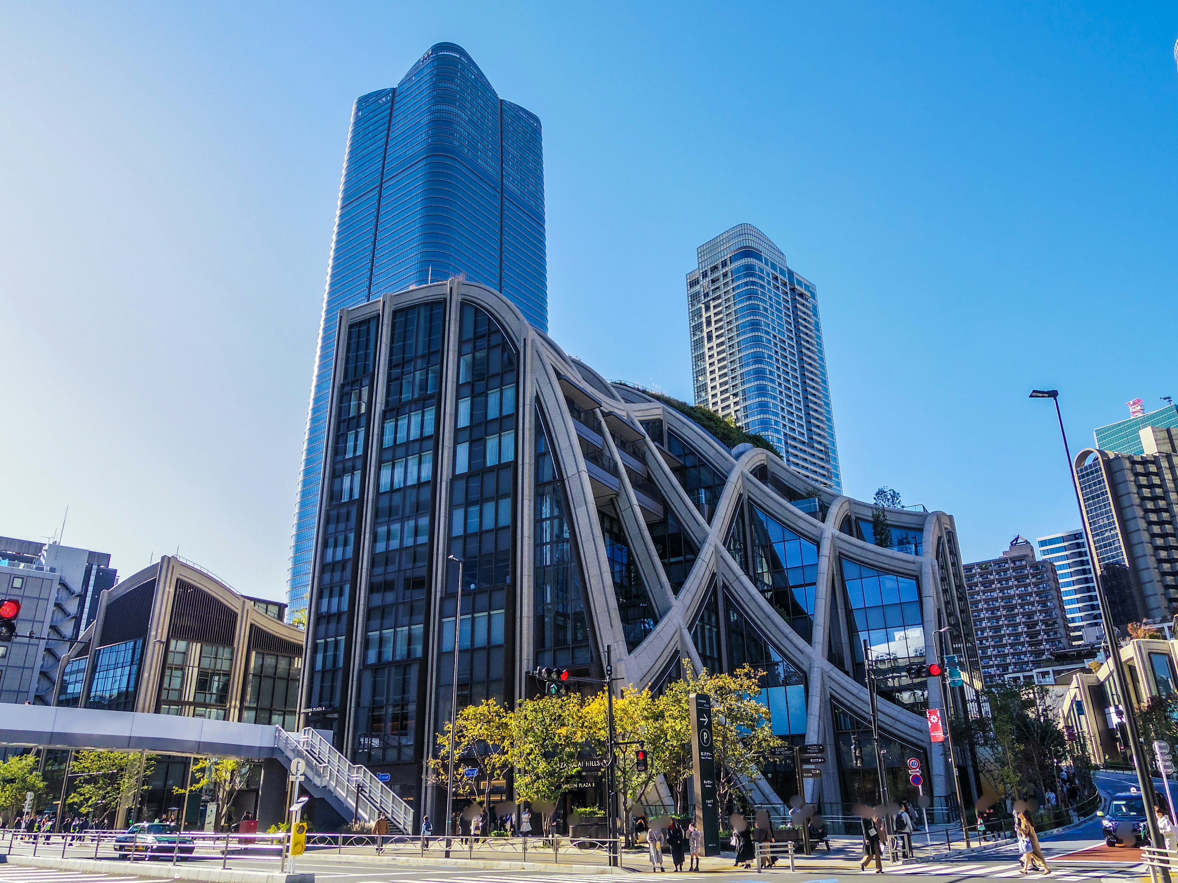 Unique architectural building in Osaka with blue sky