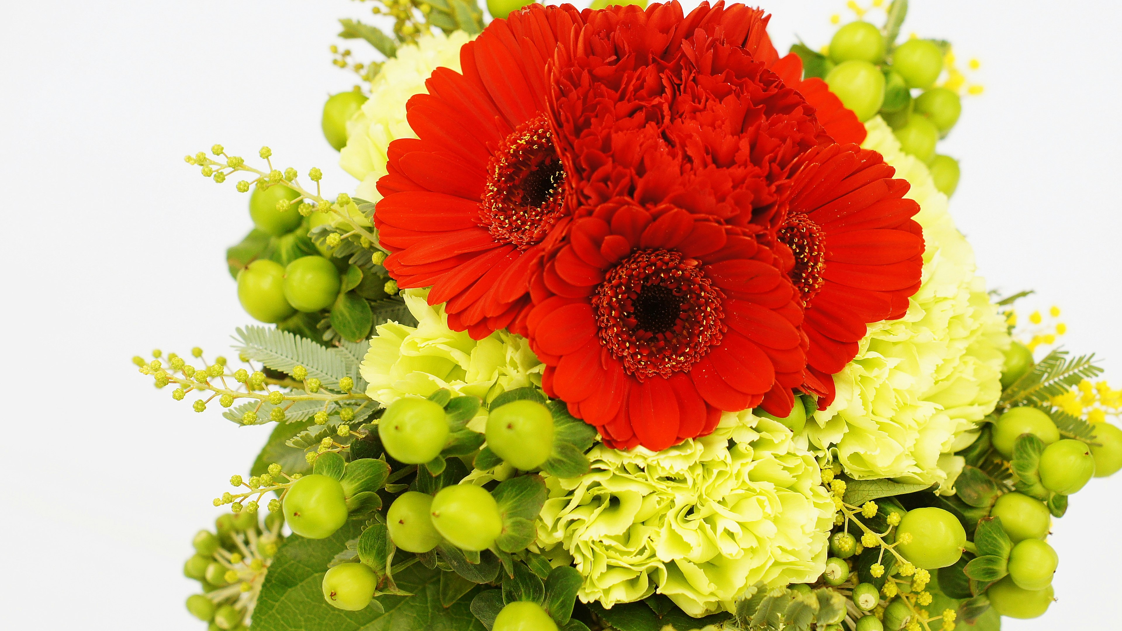 A vibrant bouquet featuring red gerbera daisies and green accents