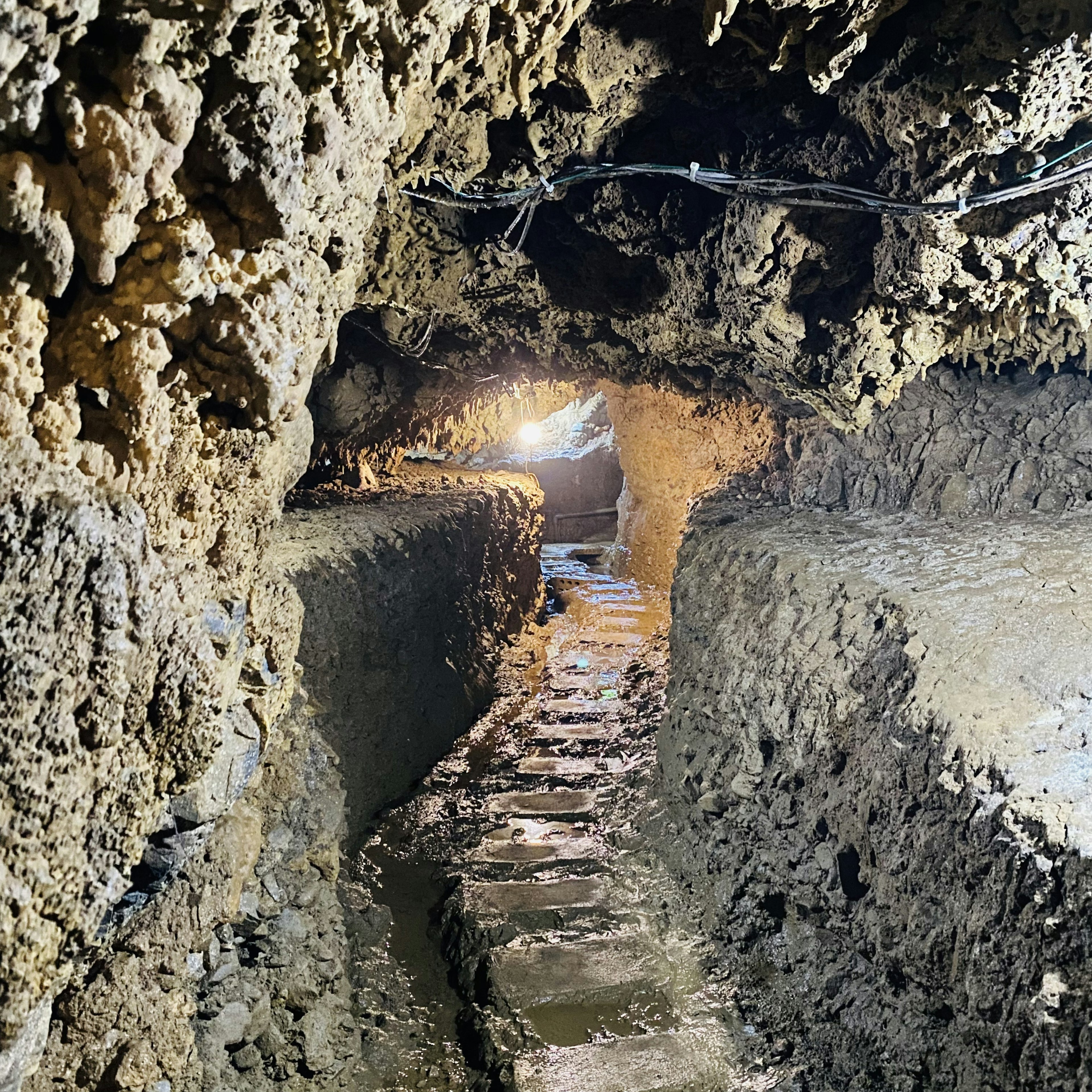 狭い洞窟のトンネルの内部と、湿った地面に沿った石の道