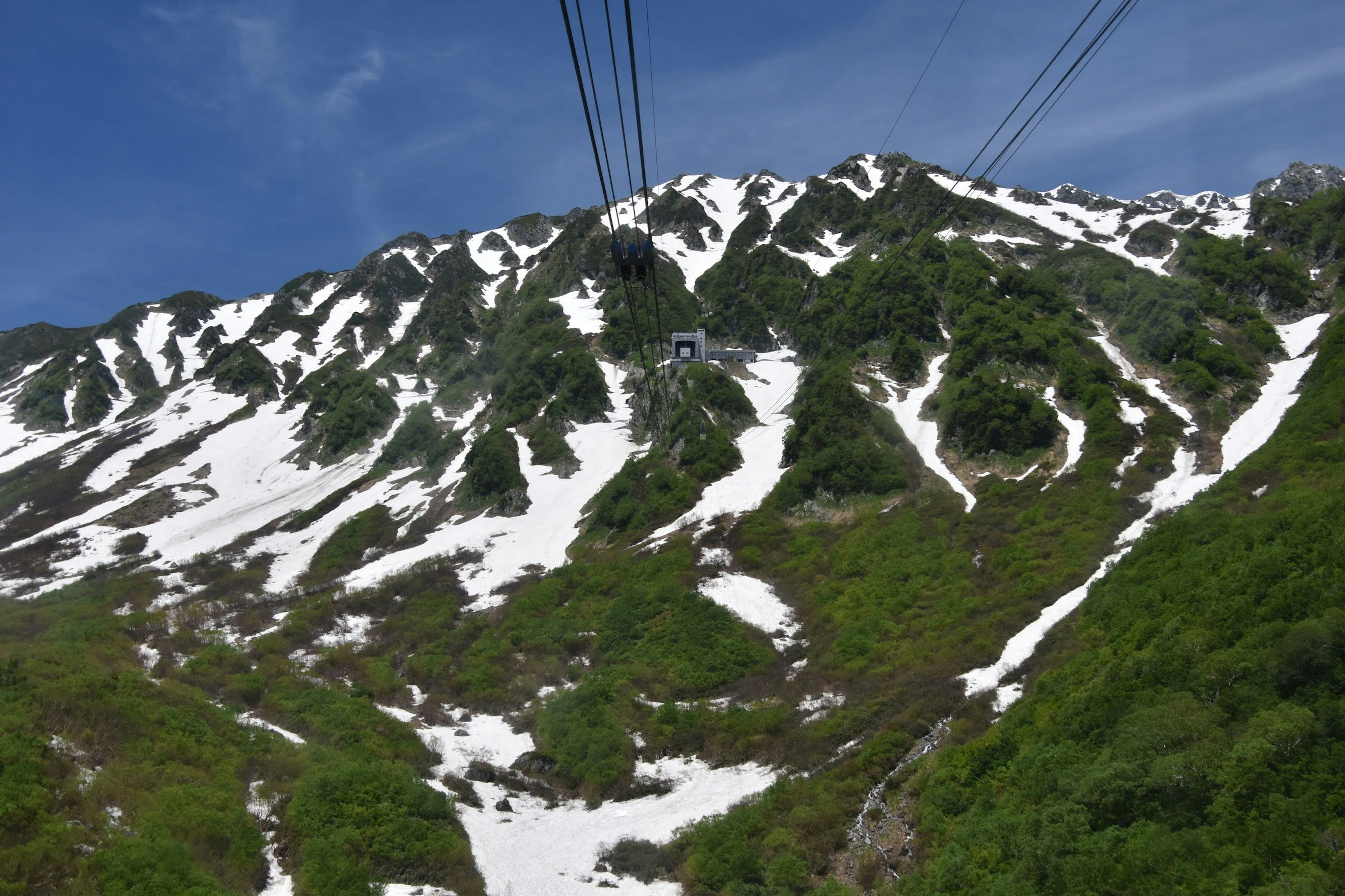 Stupendo paesaggio di montagne innevate e pendii verdi