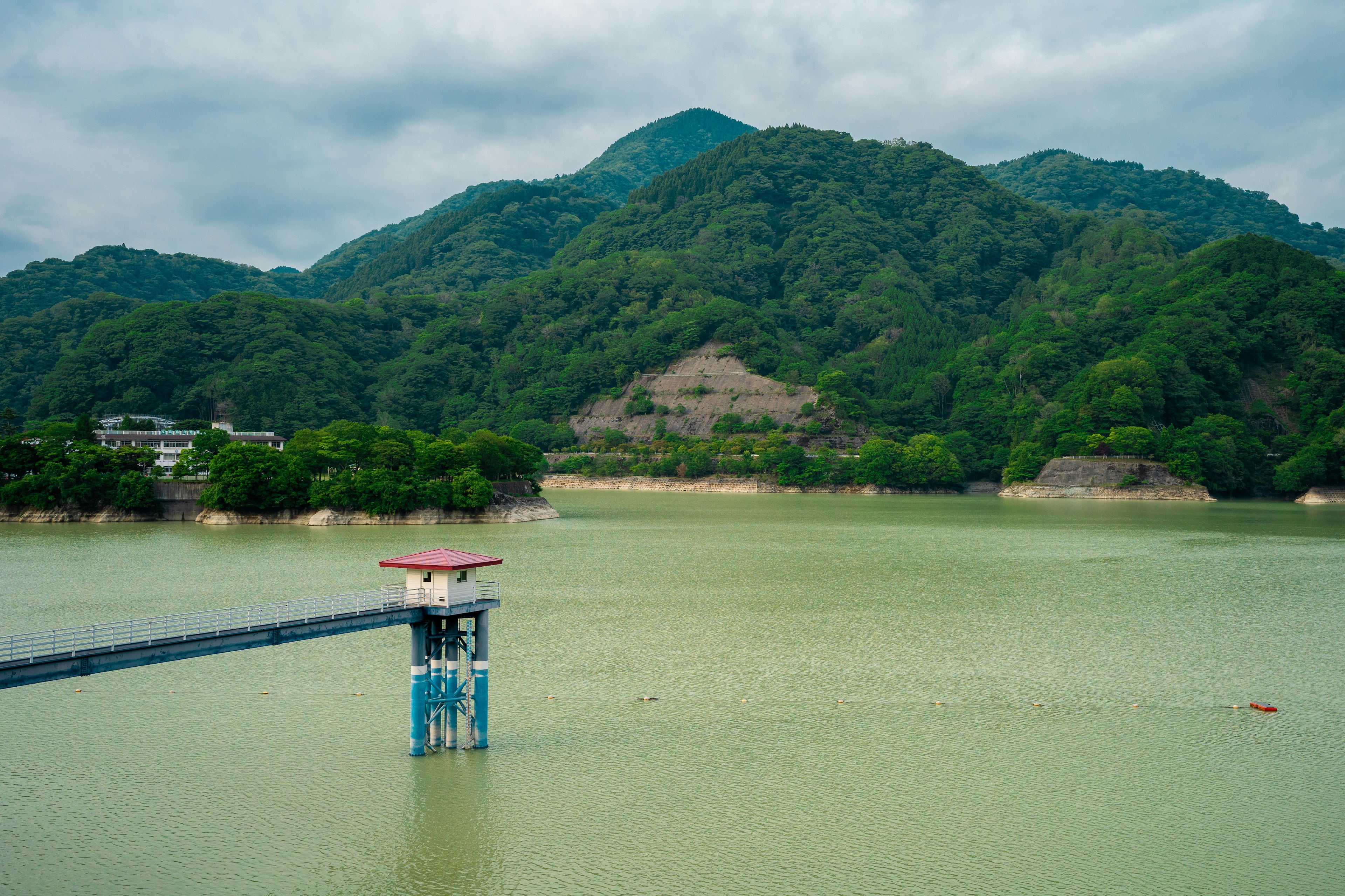 Vista escénica de un muelle con una torre colorida sobre aguas verdosas y montañas