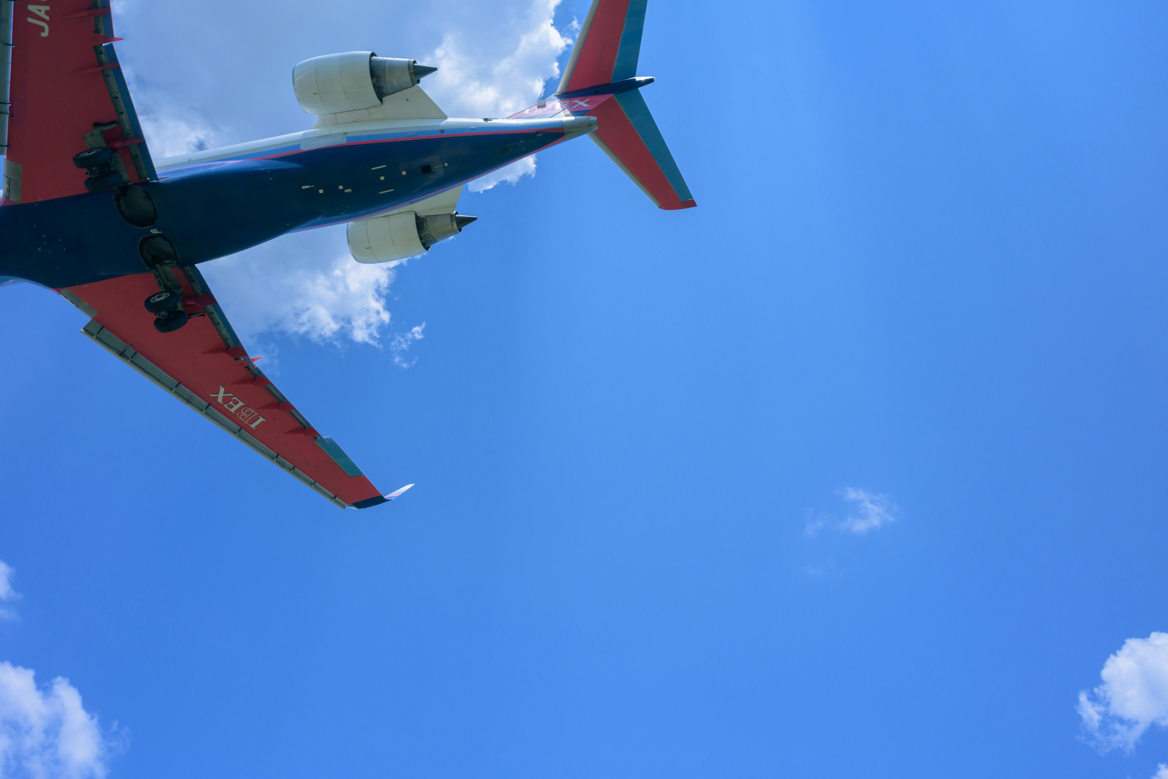 青空の下を飛ぶ赤と青の飛行機