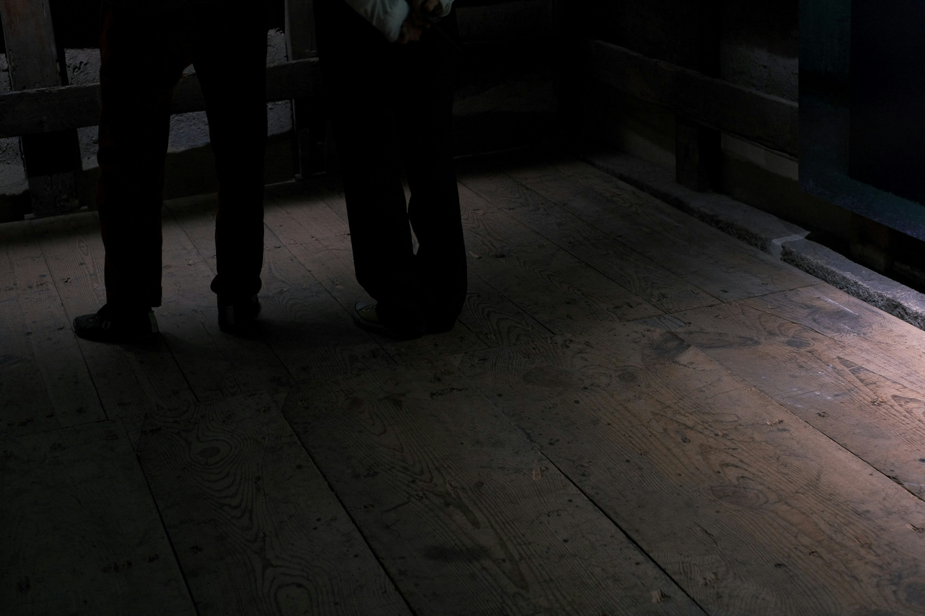 Silhouettes of two people standing on a wooden floor in a dimly lit room