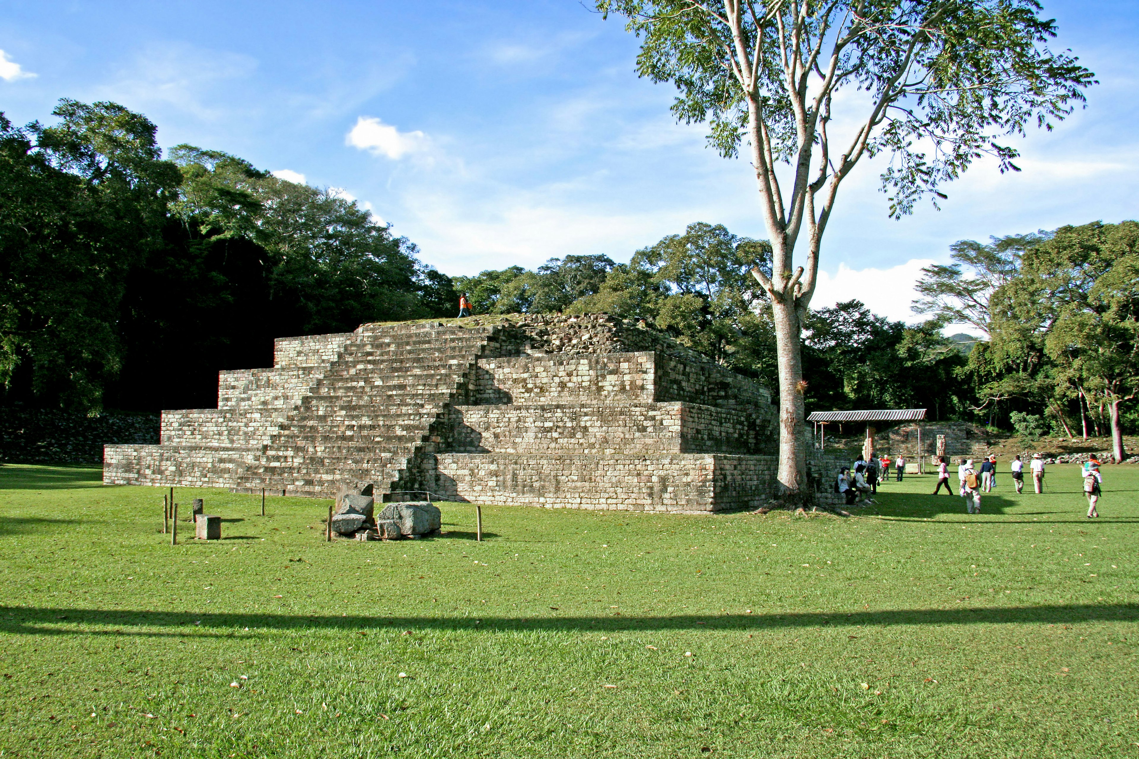 Antica piramide di pietra su erba verde circondata da alberi