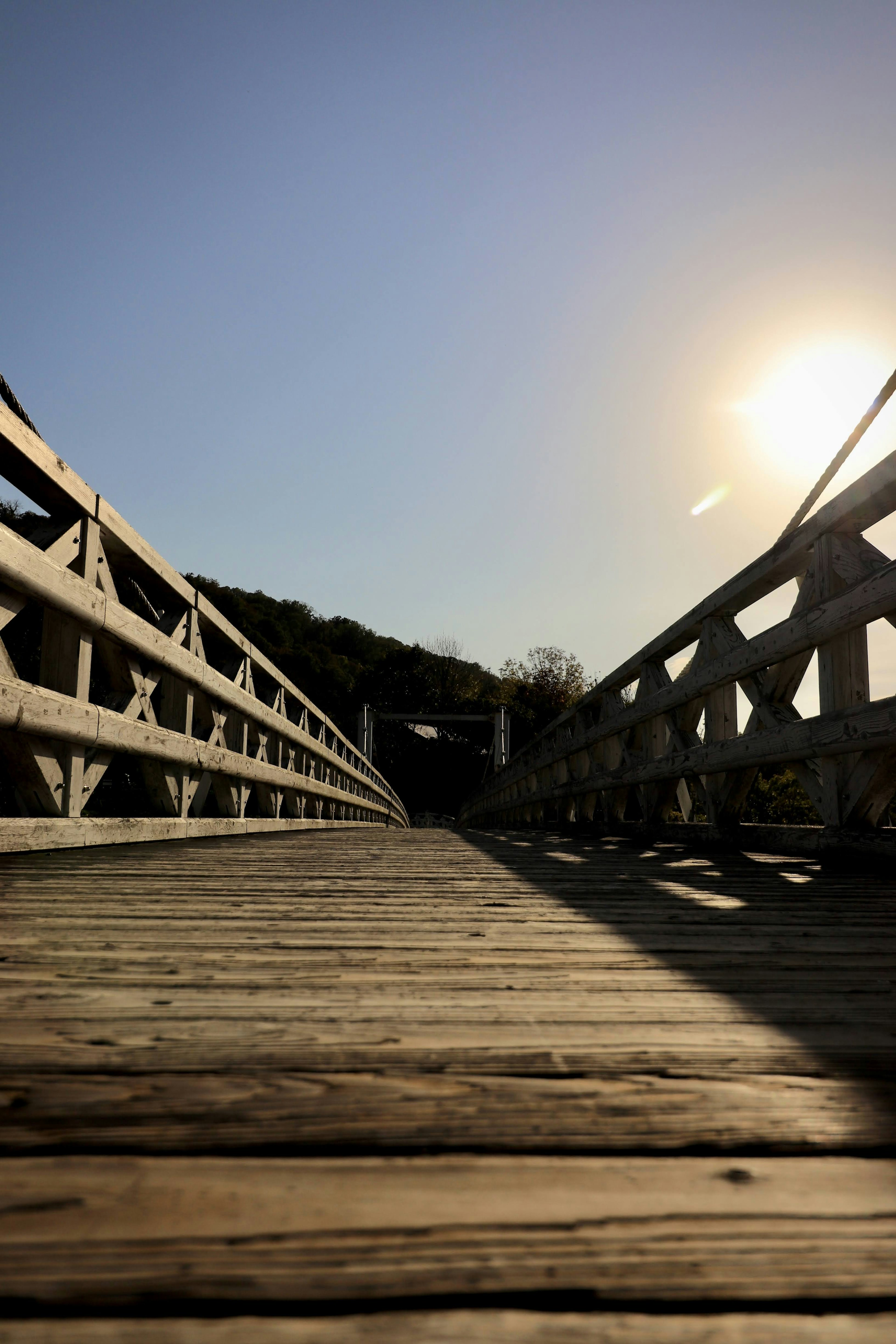 Wooden bridge perspective with sun shining and green background