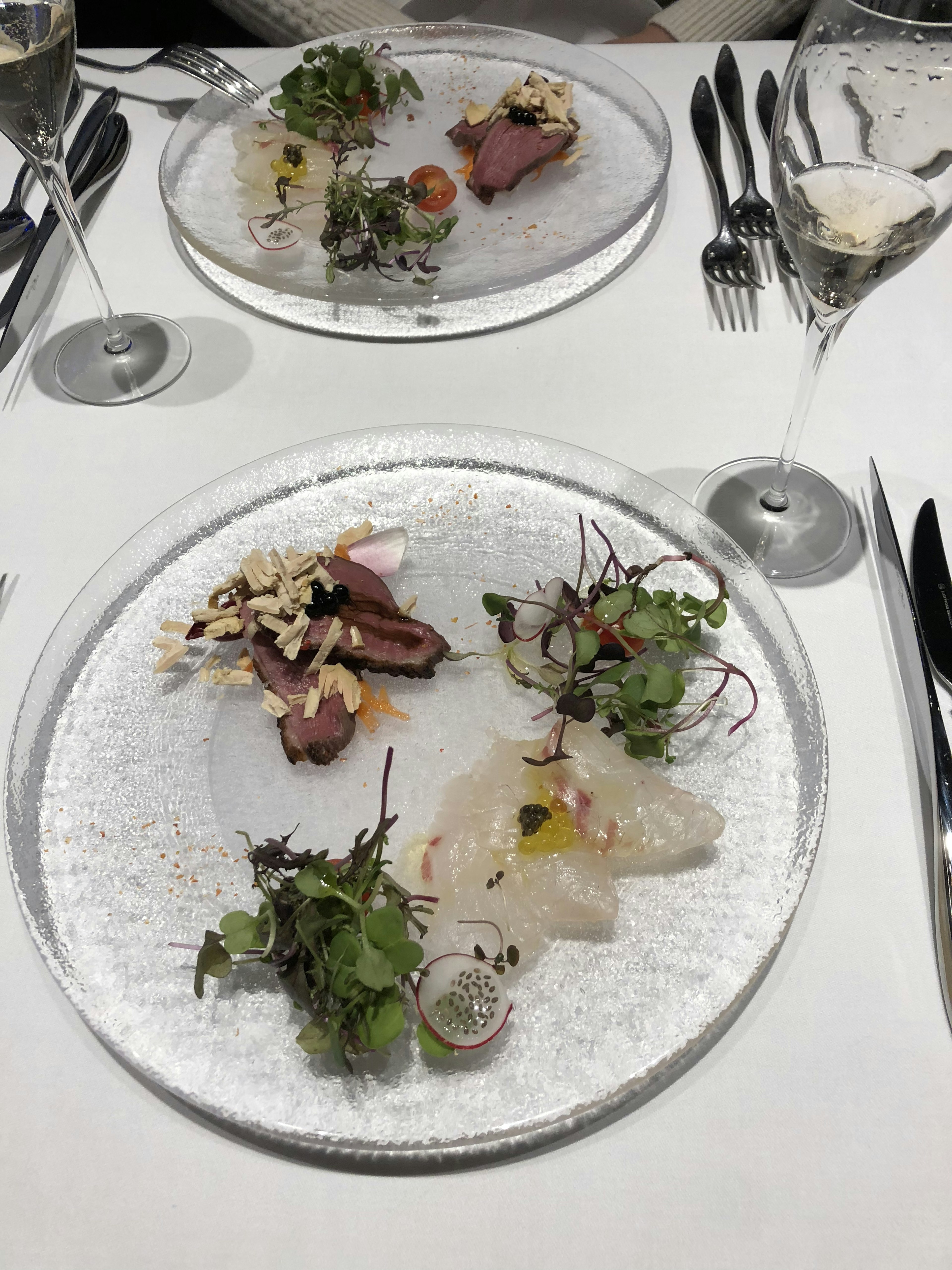 Two elegantly plated dishes featuring fresh sashimi and salad on a dining table