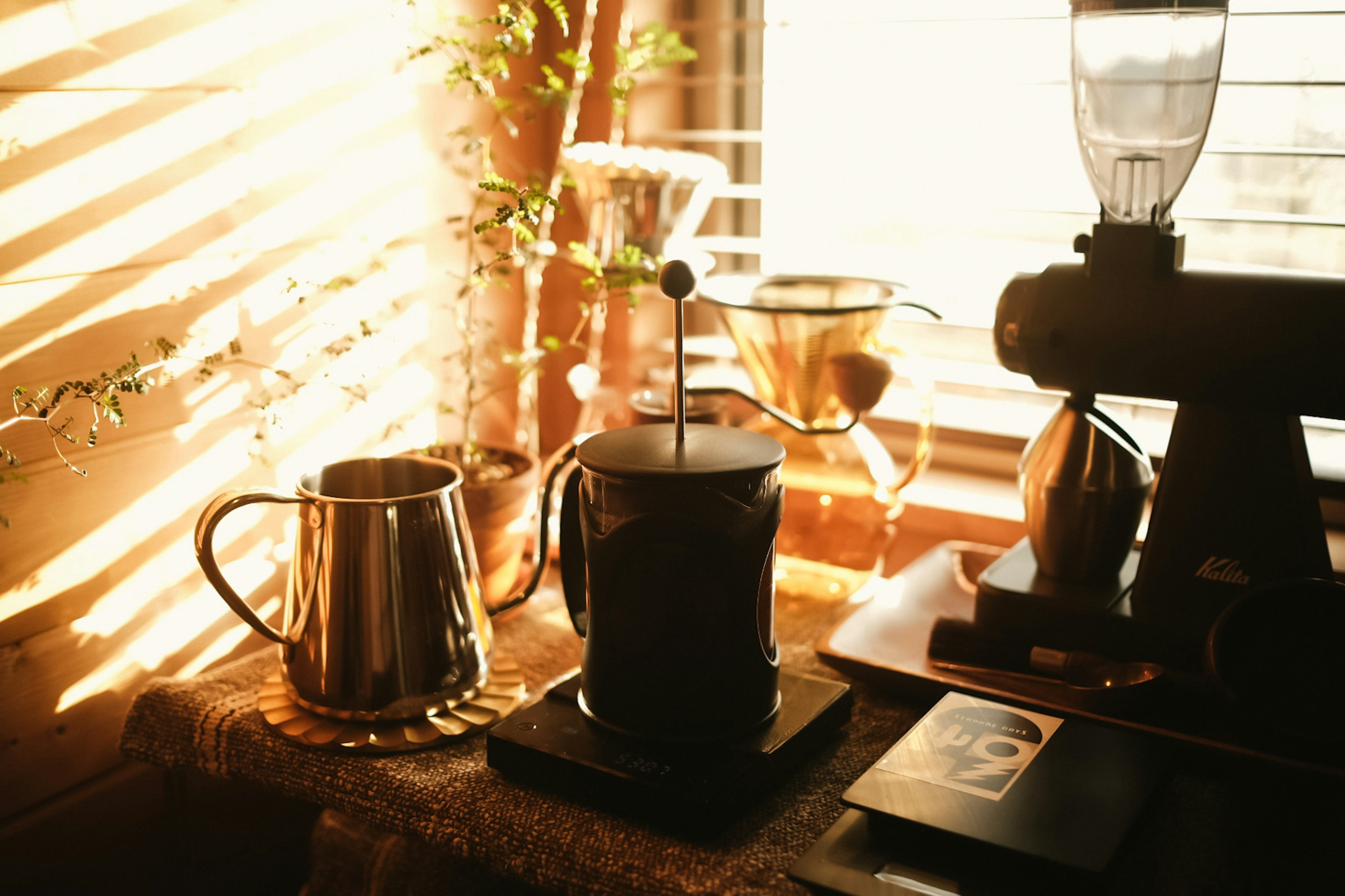 Still life featuring a French press and coffee equipment by a sunlit window