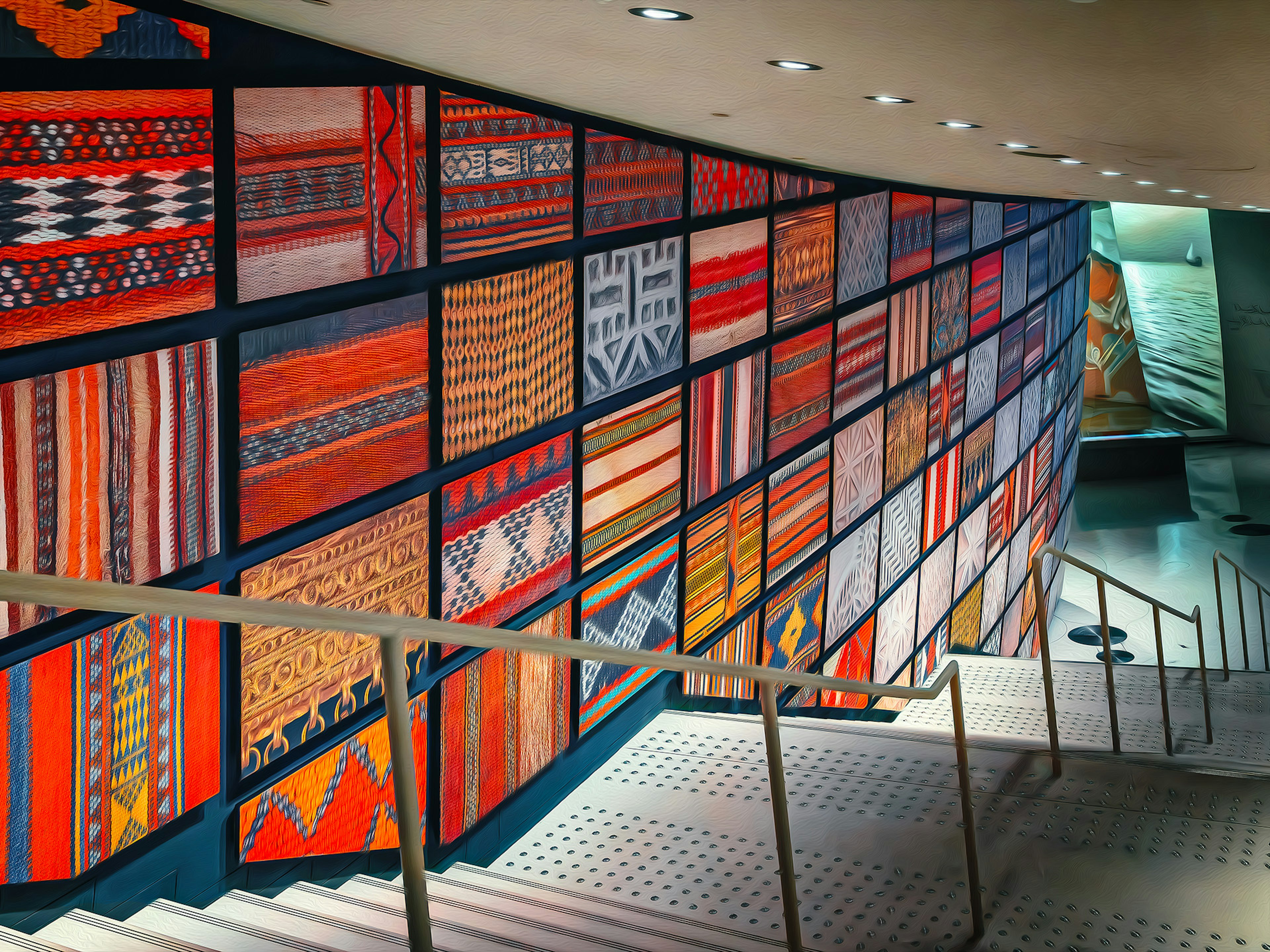 Colorful textile mural displayed along the staircase