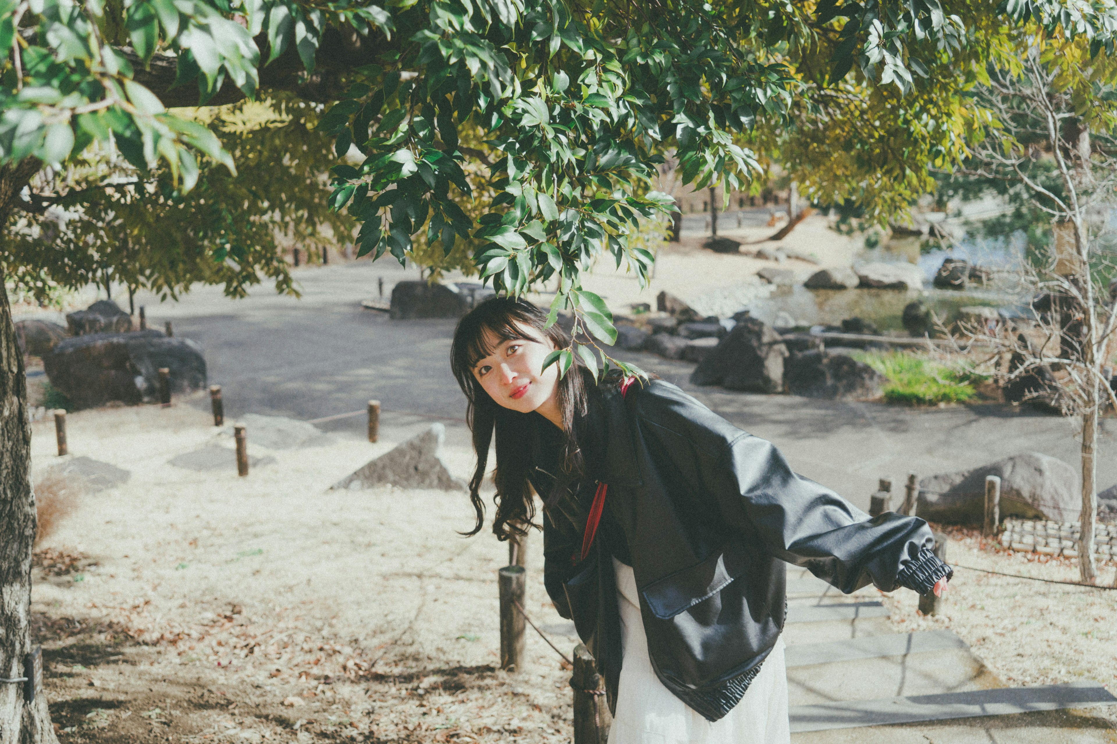 女性が木の下で微笑んでいる写真背景には公園の風景