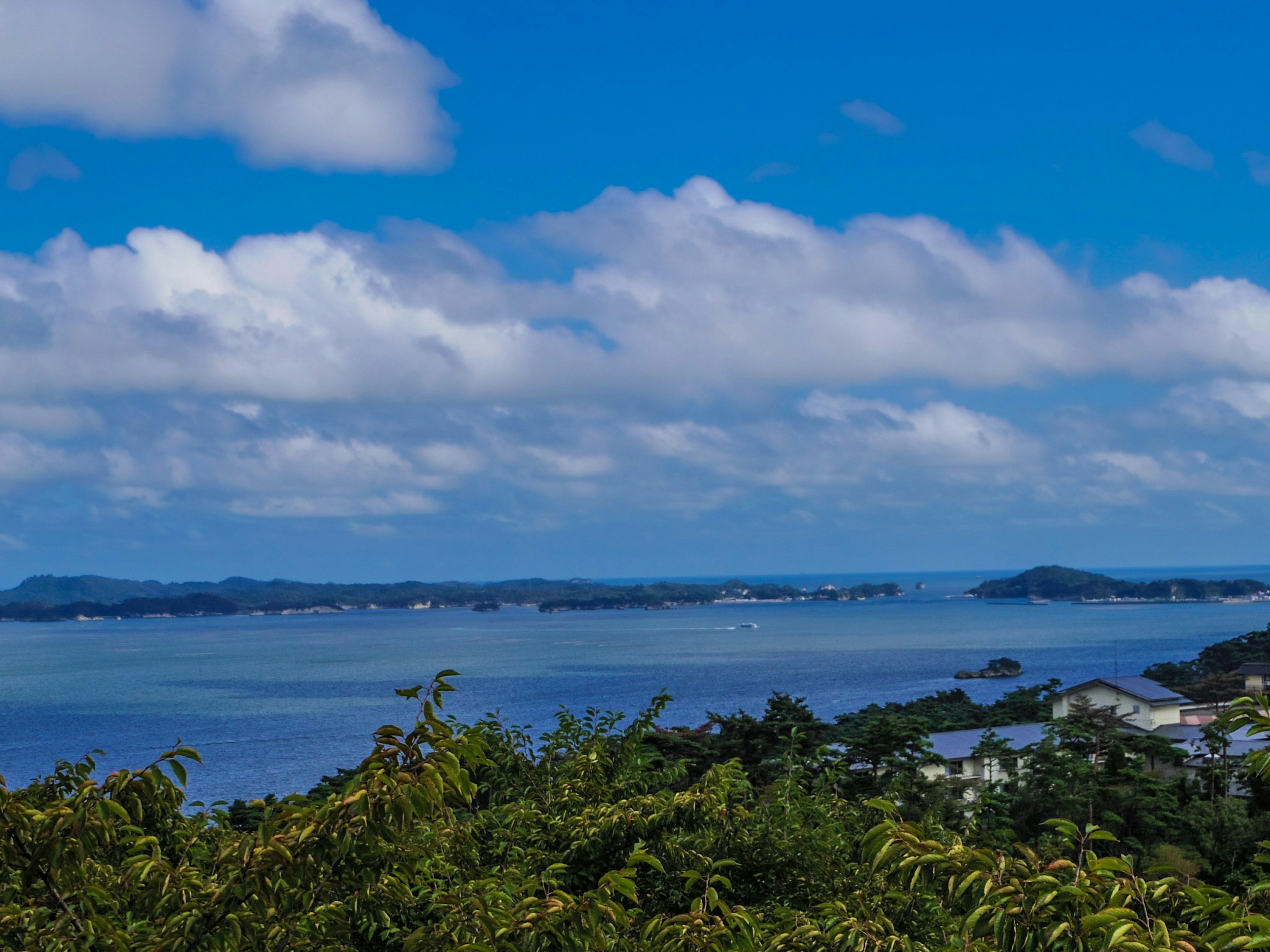 Malersicher Blick auf den blauen Himmel und weiße Wolken über einem ruhigen Meer mit grünem Laub im Vordergrund