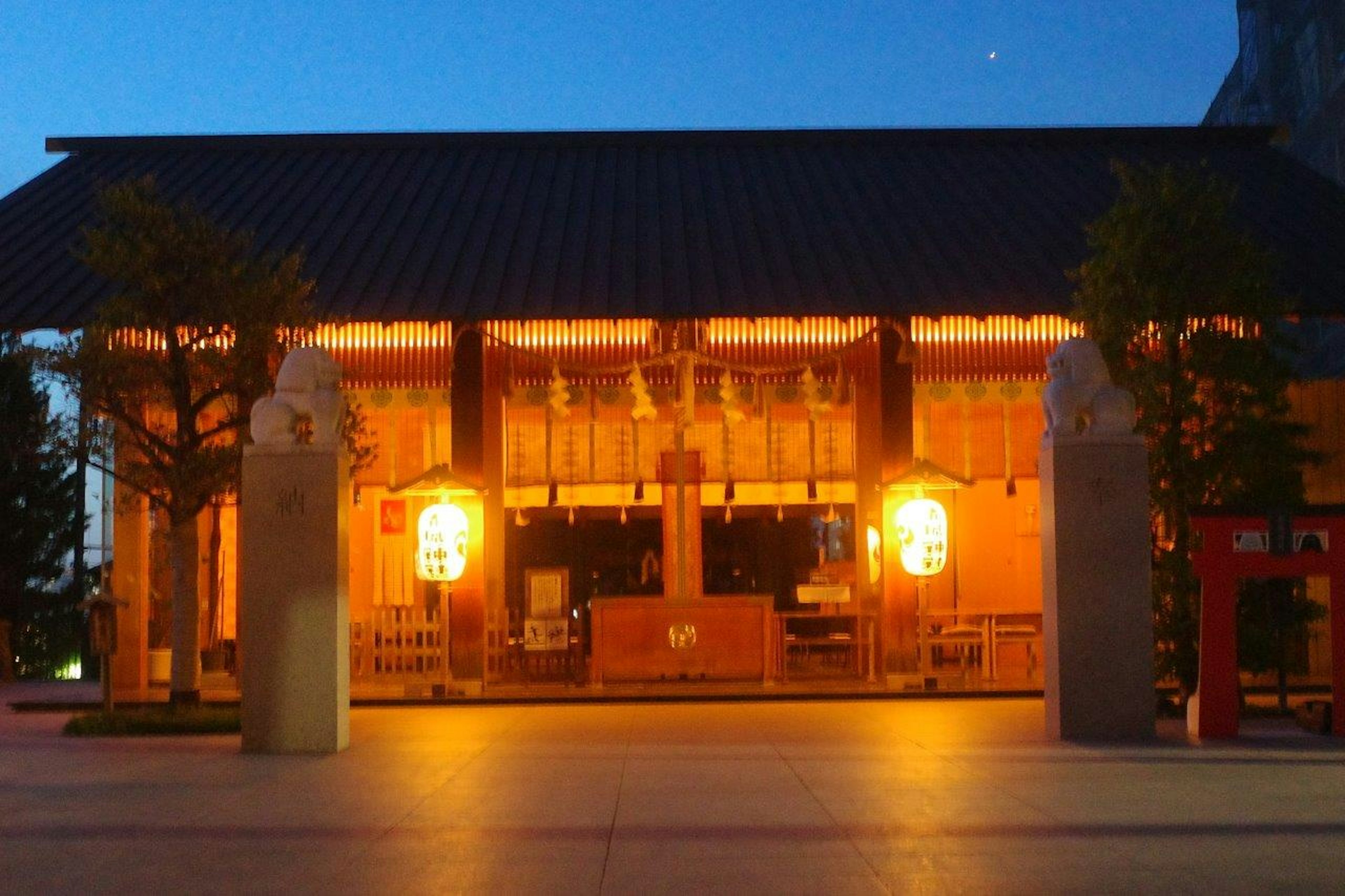 夜にライトアップされた伝統的な神社の建物