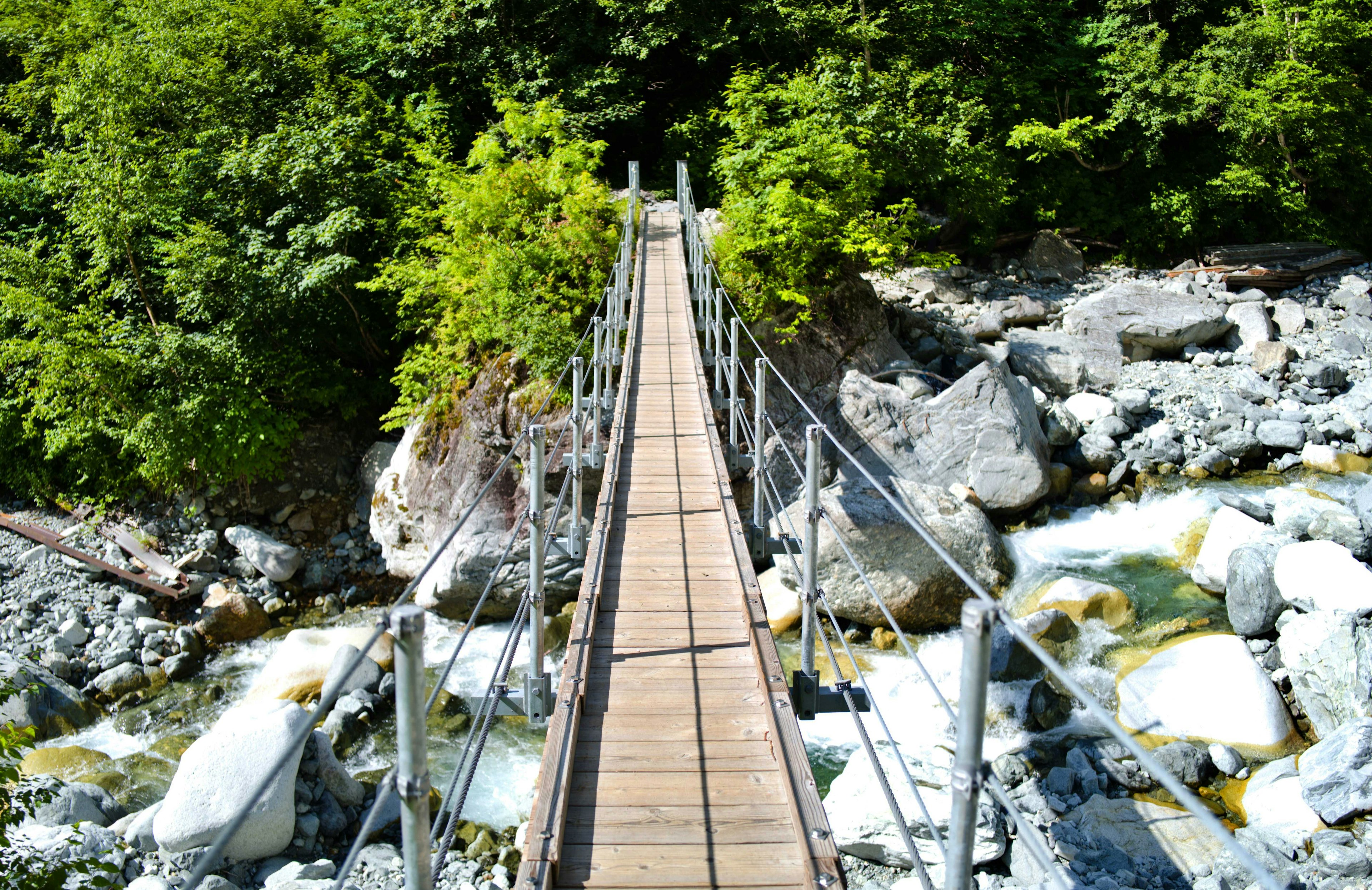 Wooden suspension bridge crossing a river surrounded by lush greenery