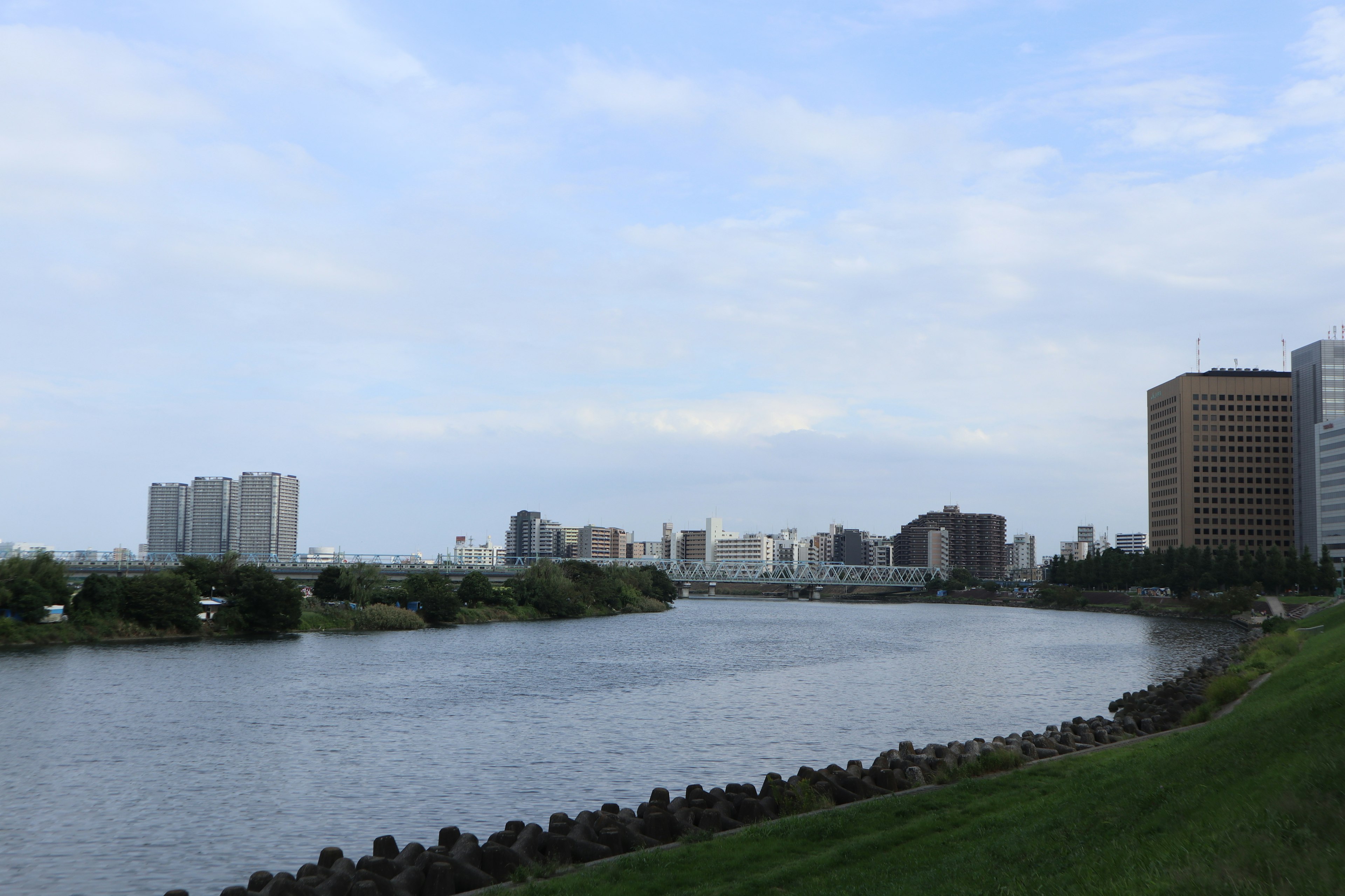 Vue panoramique d'une rivière avec des gratte-ciel en arrière-plan