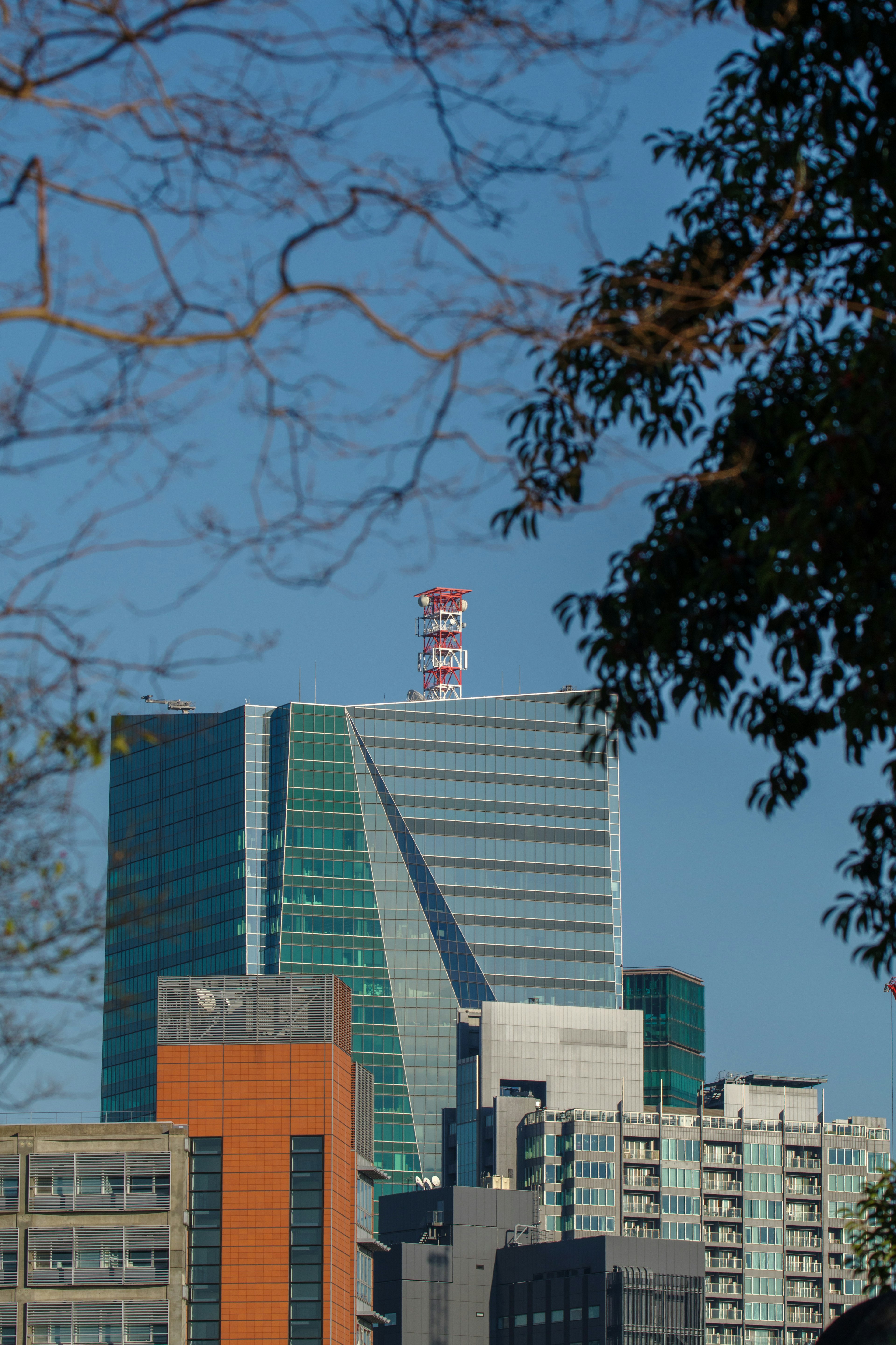 青空の下に立つ近代的なビルの画像 ビルの上部に赤い看板が見える