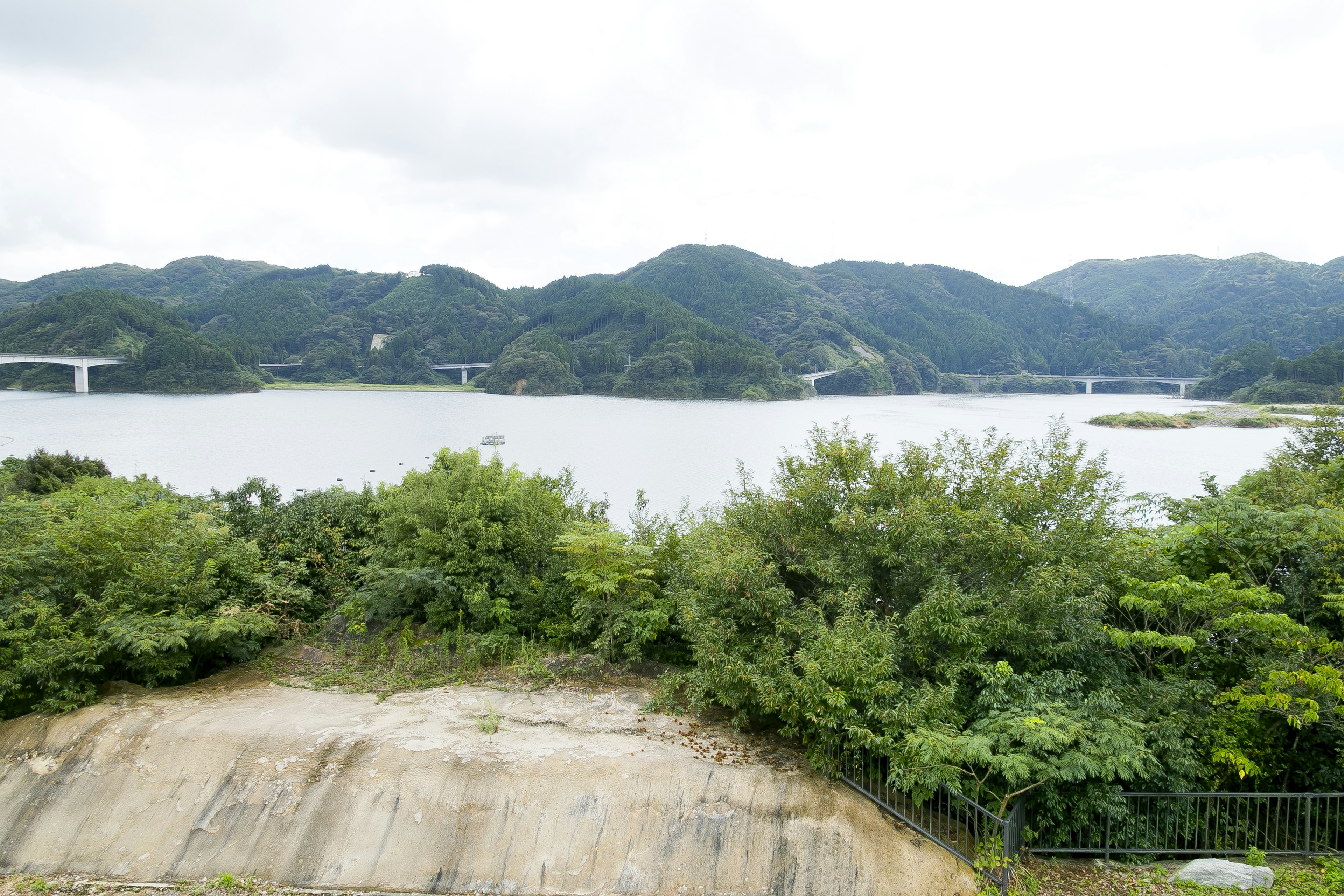 Vista de un lago rodeado de montañas verdes