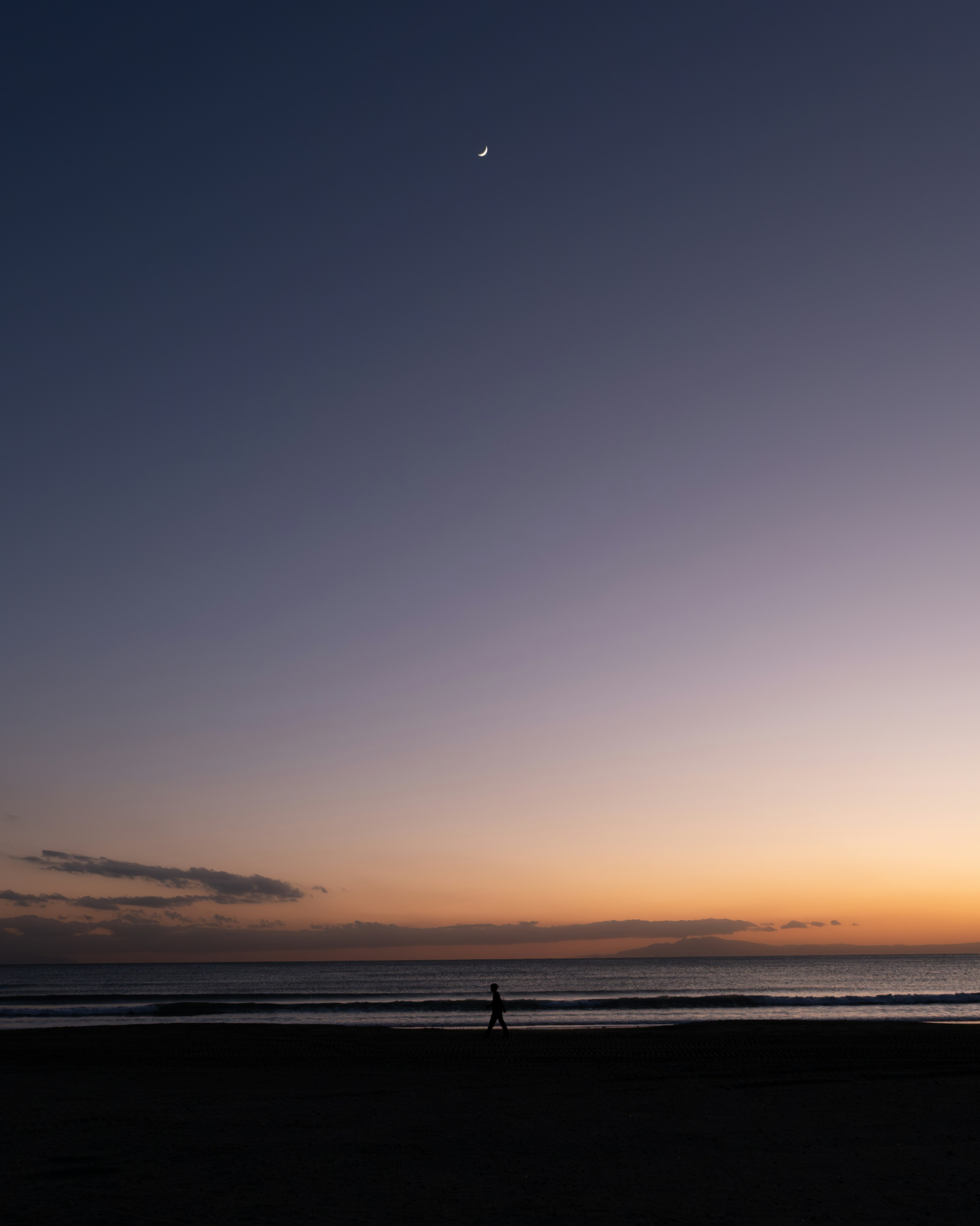 夕暮れの海辺で歩く人と星のある空