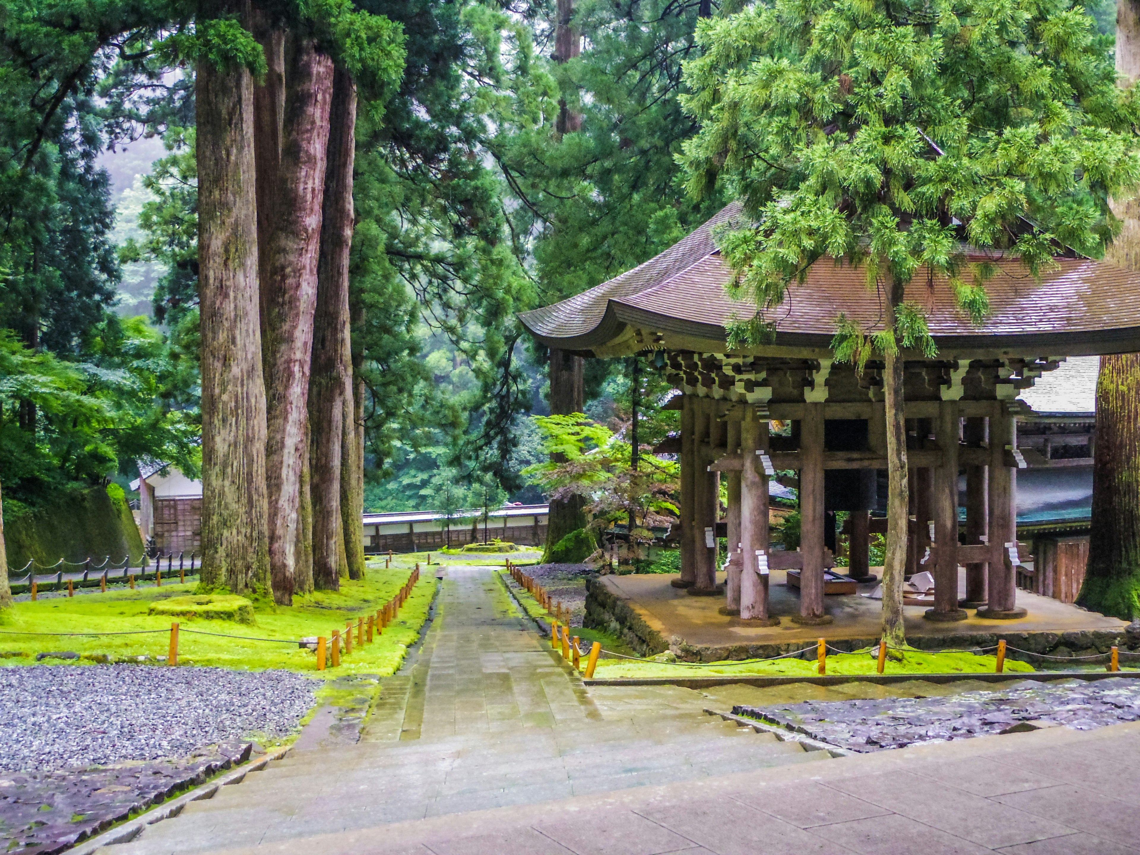 Traditionelles japanisches Gebäude, umgeben von großen Bäumen in einem ruhigen Wald