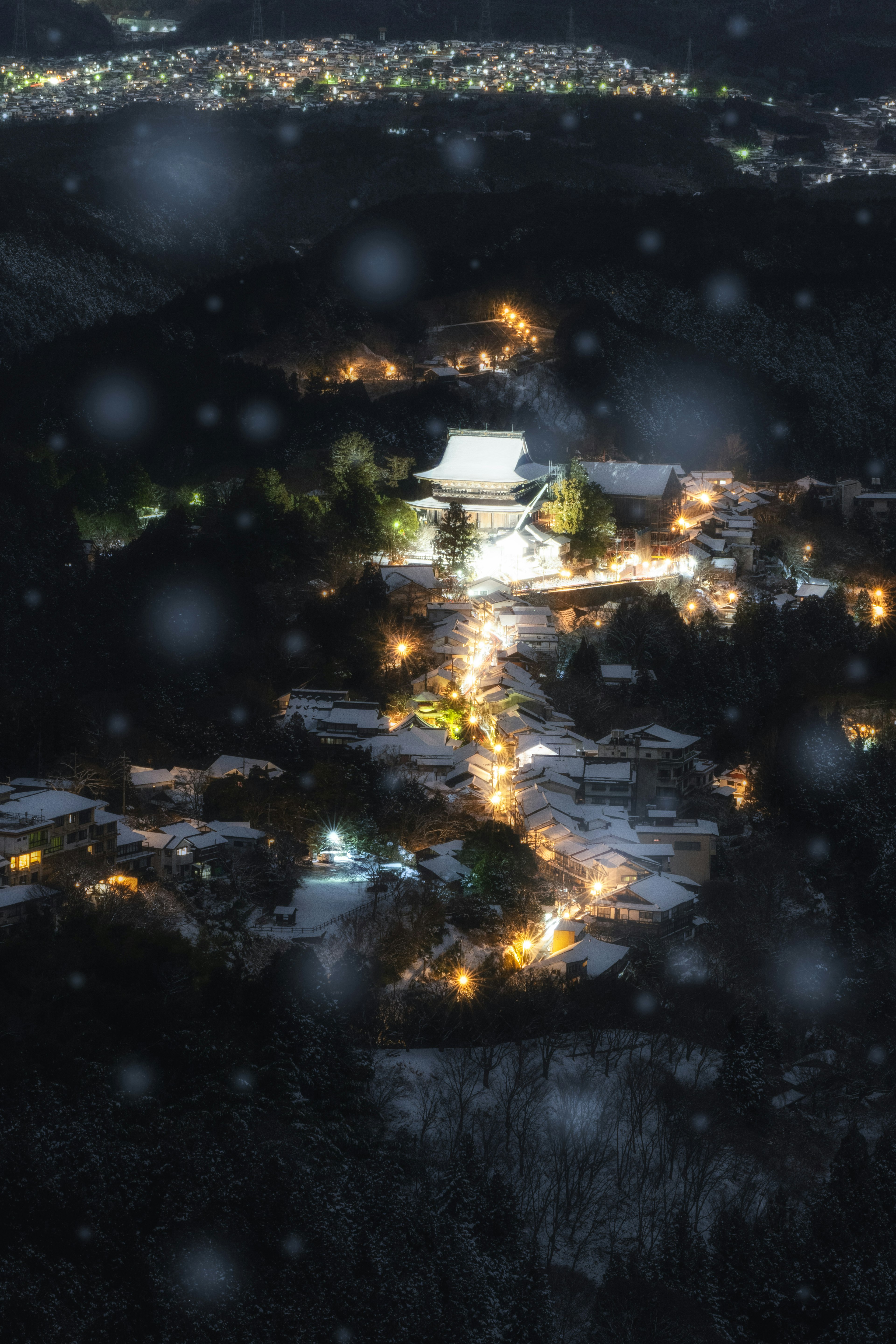 雪の中にある夜景の寺院と周囲の明かり