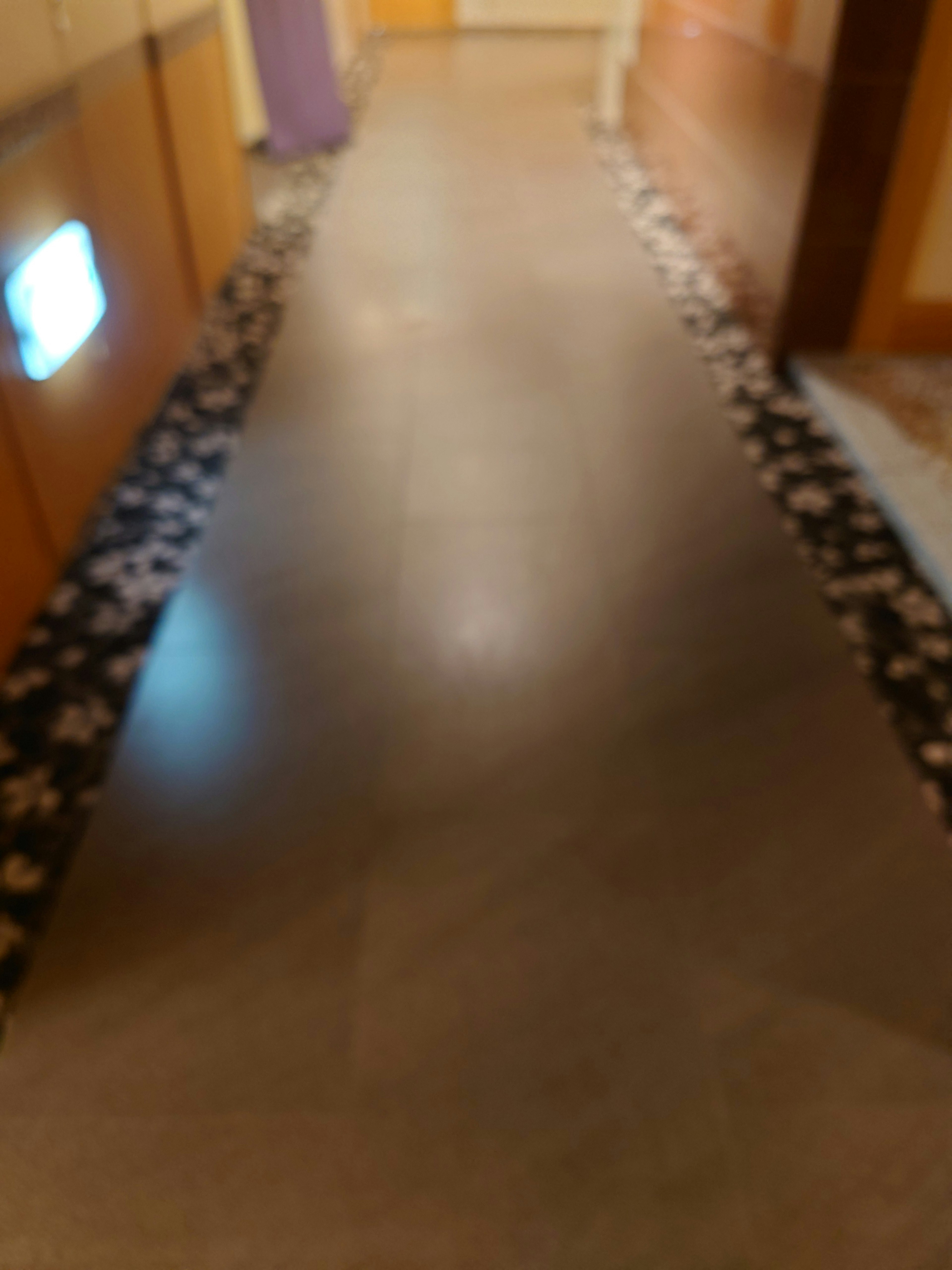 A hallway with tiled flooring featuring decorative patterns and wooden walls on both sides