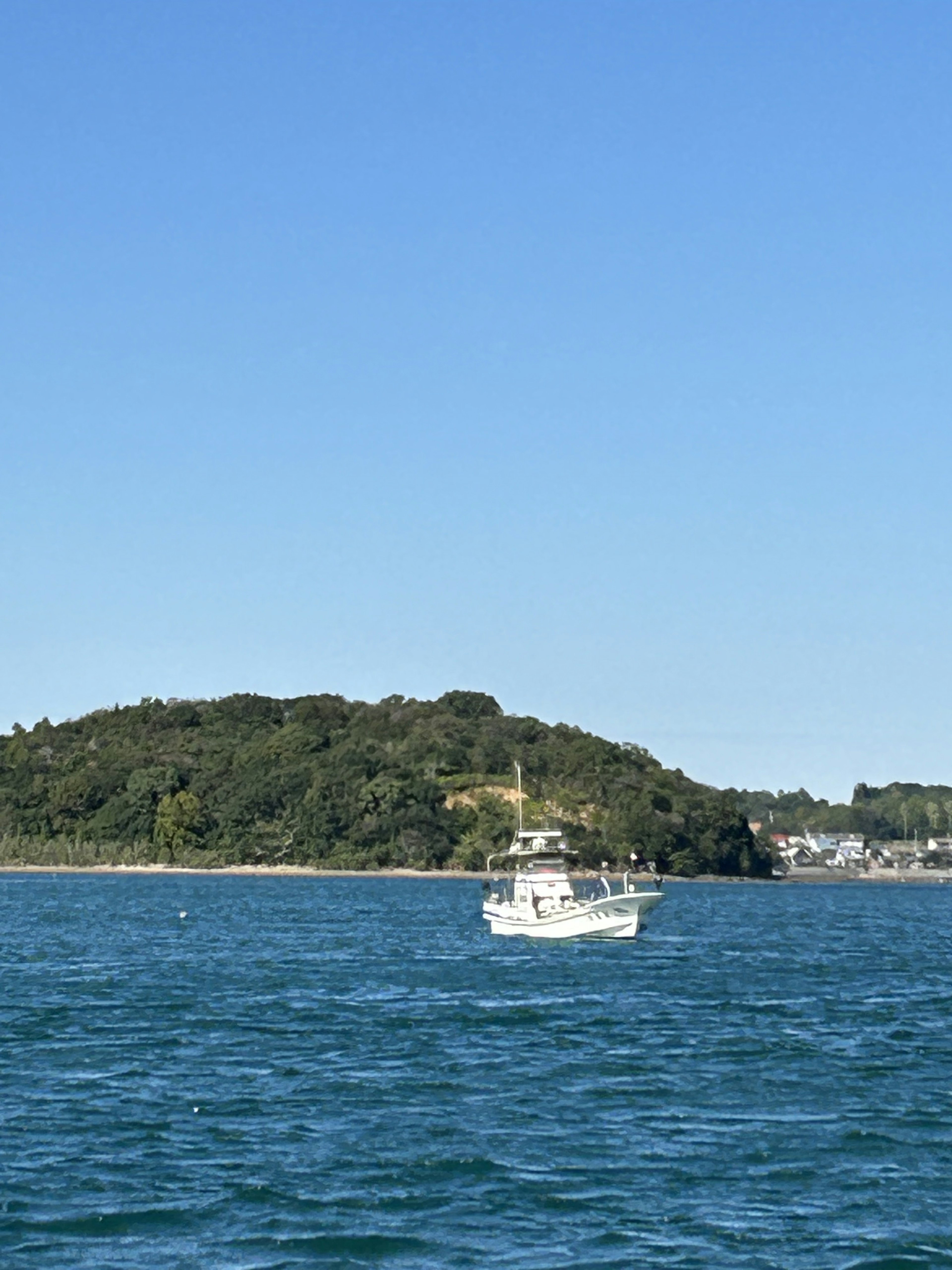 A white boat on blue water with a green island and a town in the background