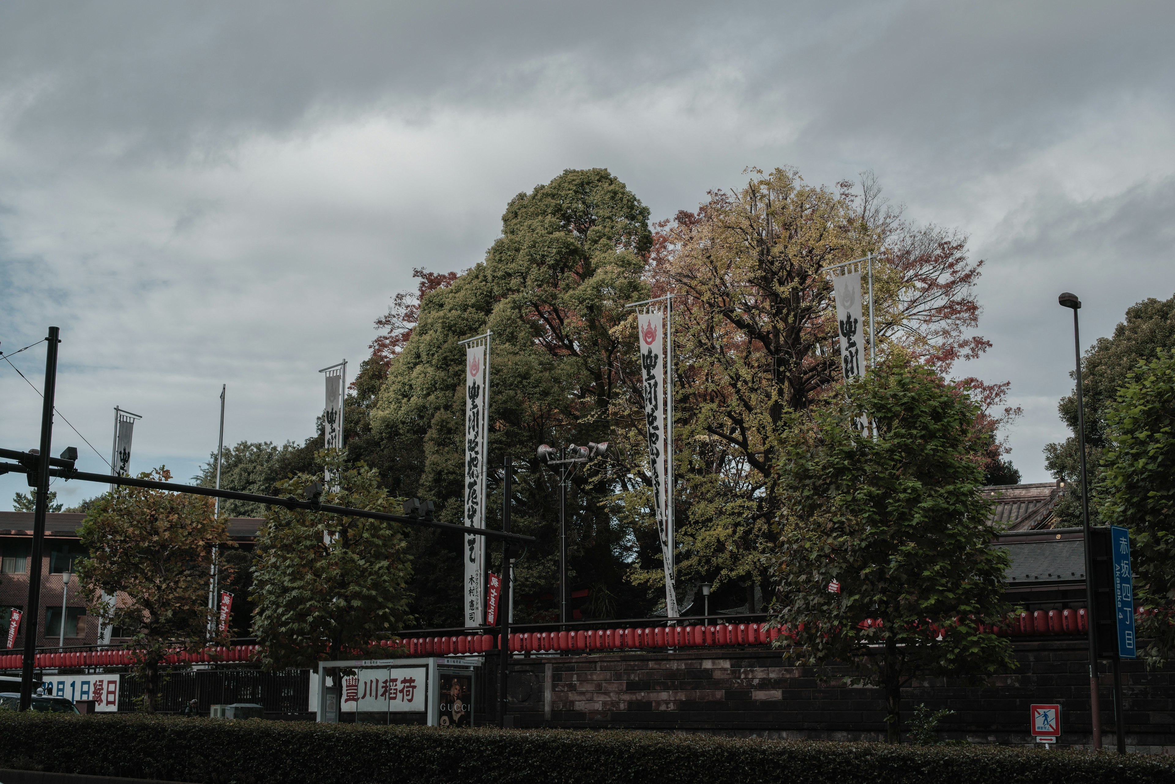 緑豊かな木々と曇り空が広がる風景に、赤い看板が並ぶ