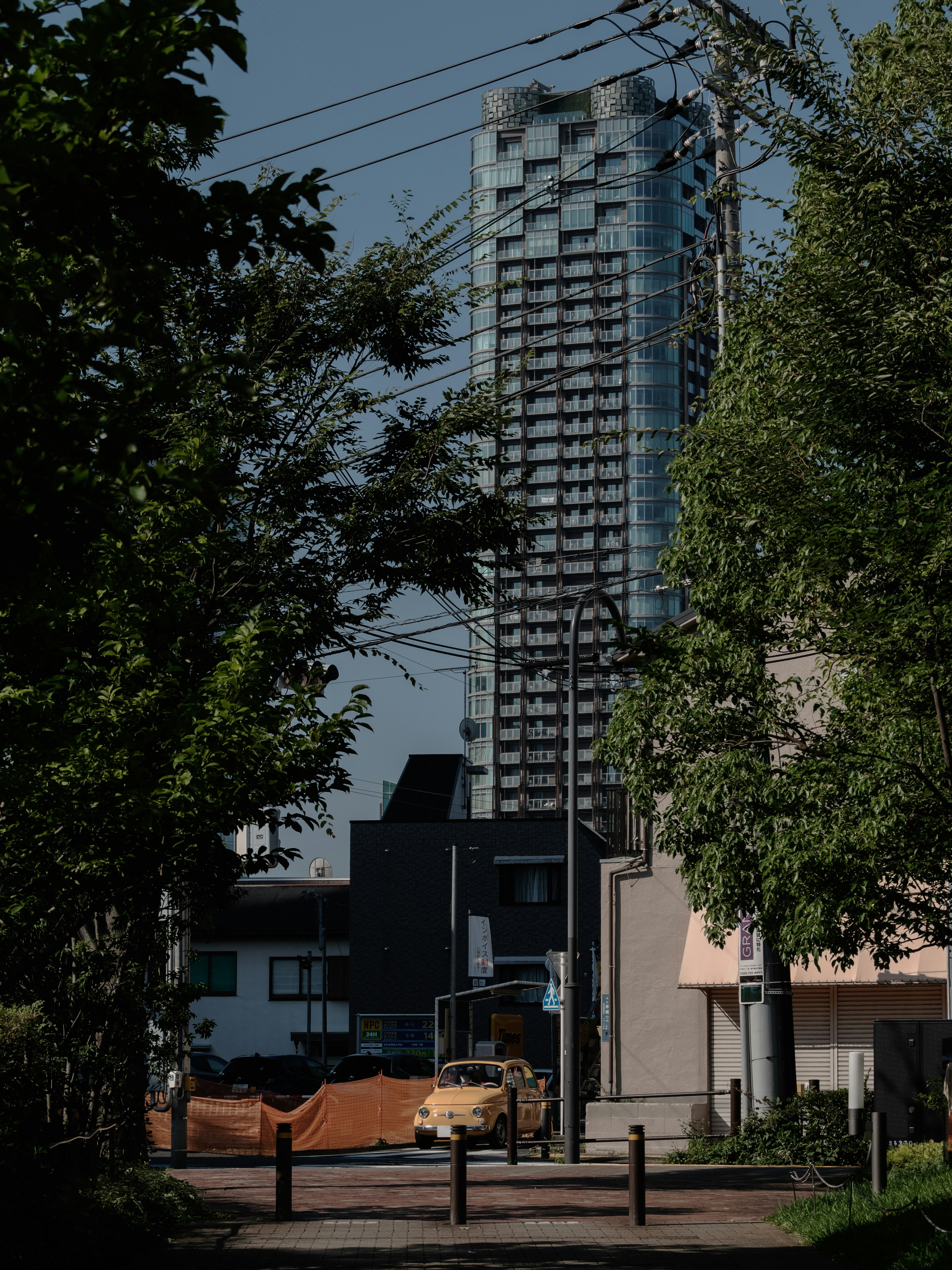 Städtische Landschaft mit einem Hochhaus und umliegenden Bäumen