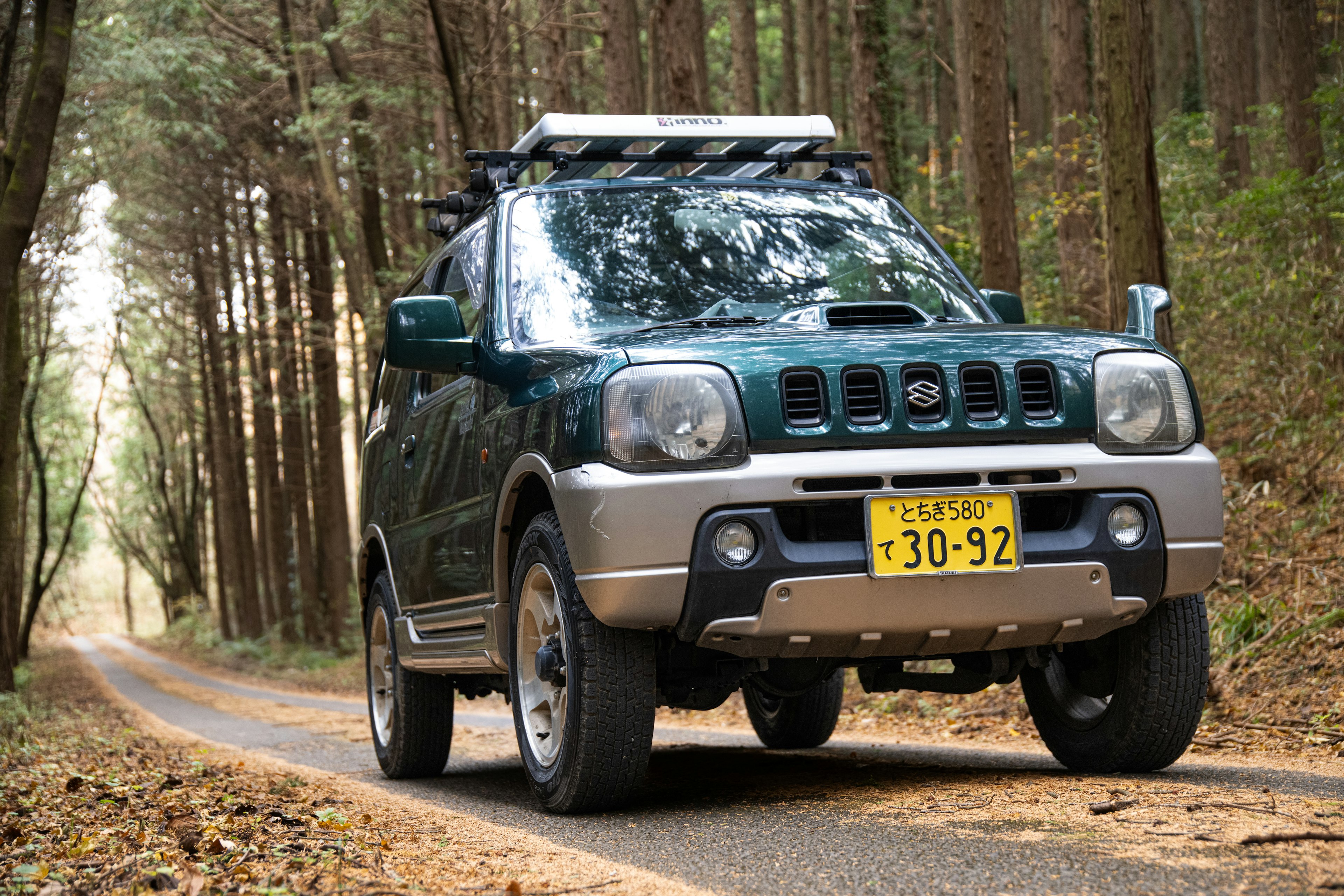 Green SUV parked on a narrow road in a forest