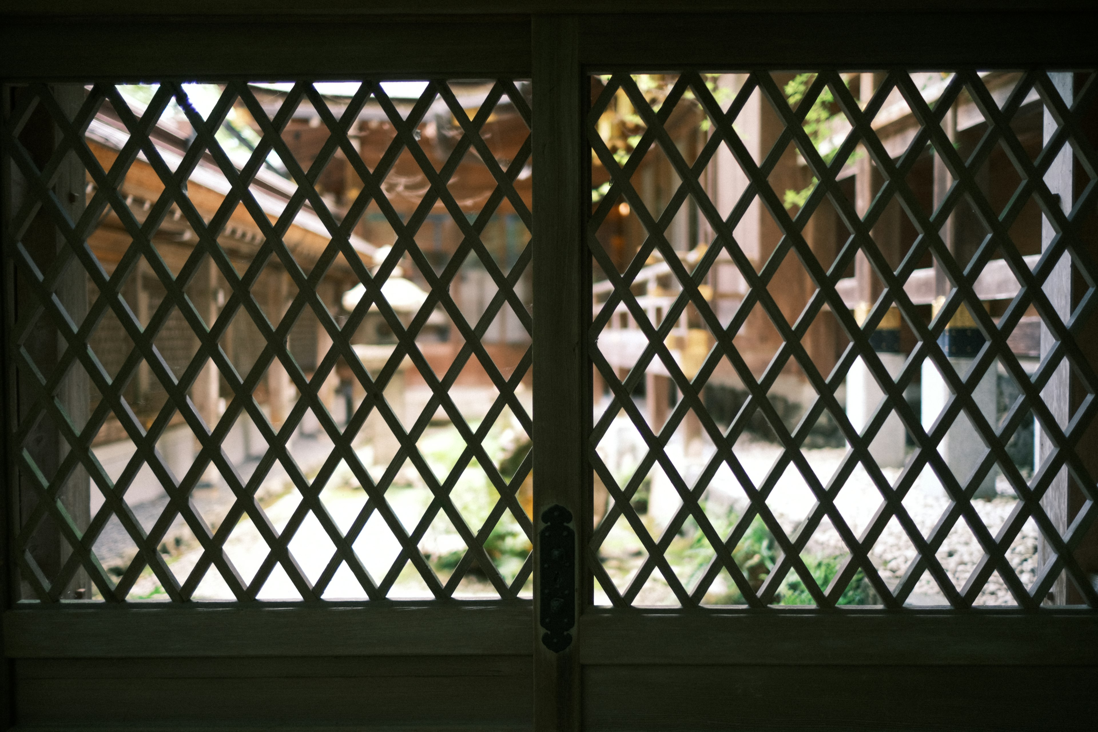 View of a courtyard with plants through a diamond-patterned window