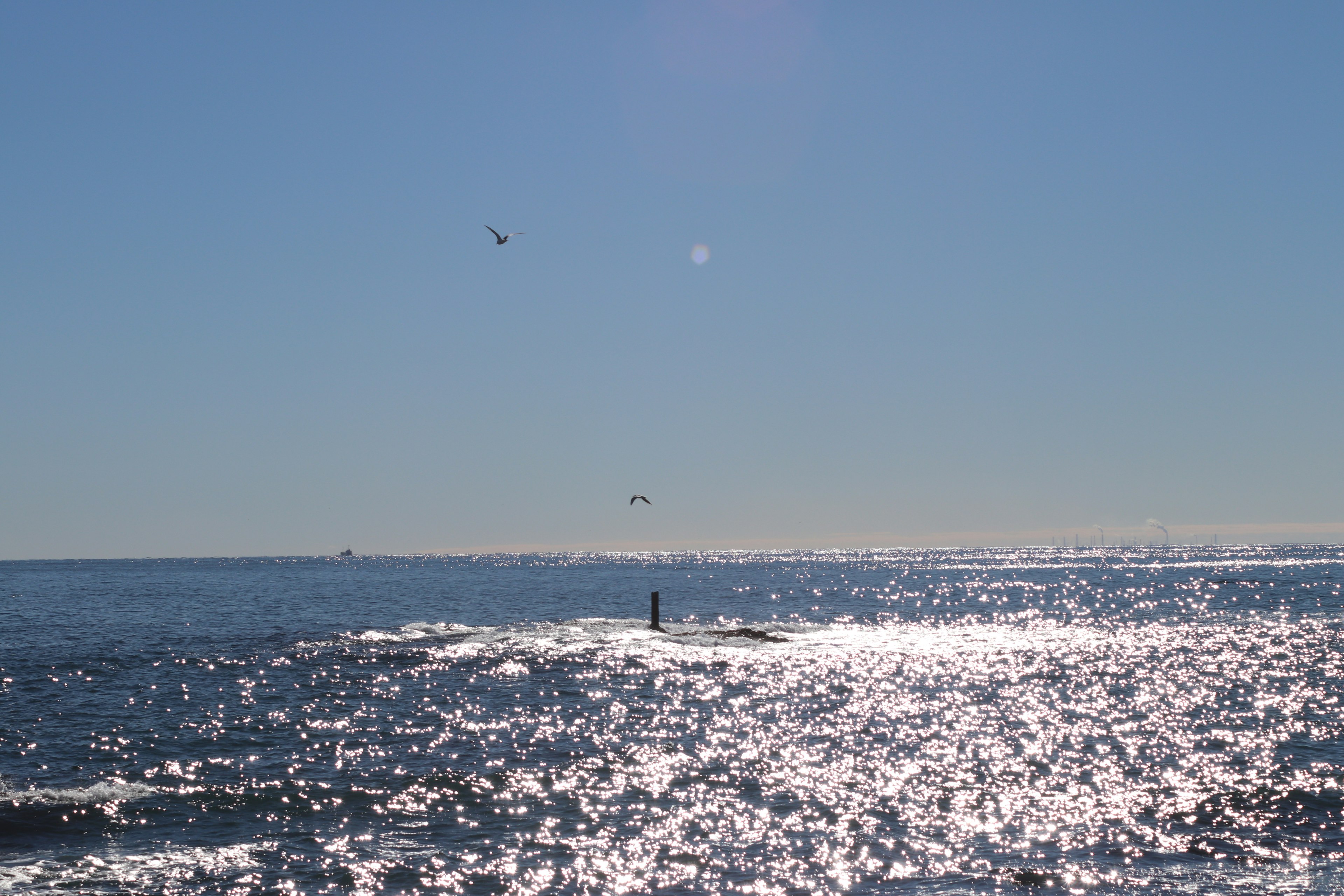 Sonnenlicht spiegelt sich auf ruhigem Ozeanwasser mit fernen Booten