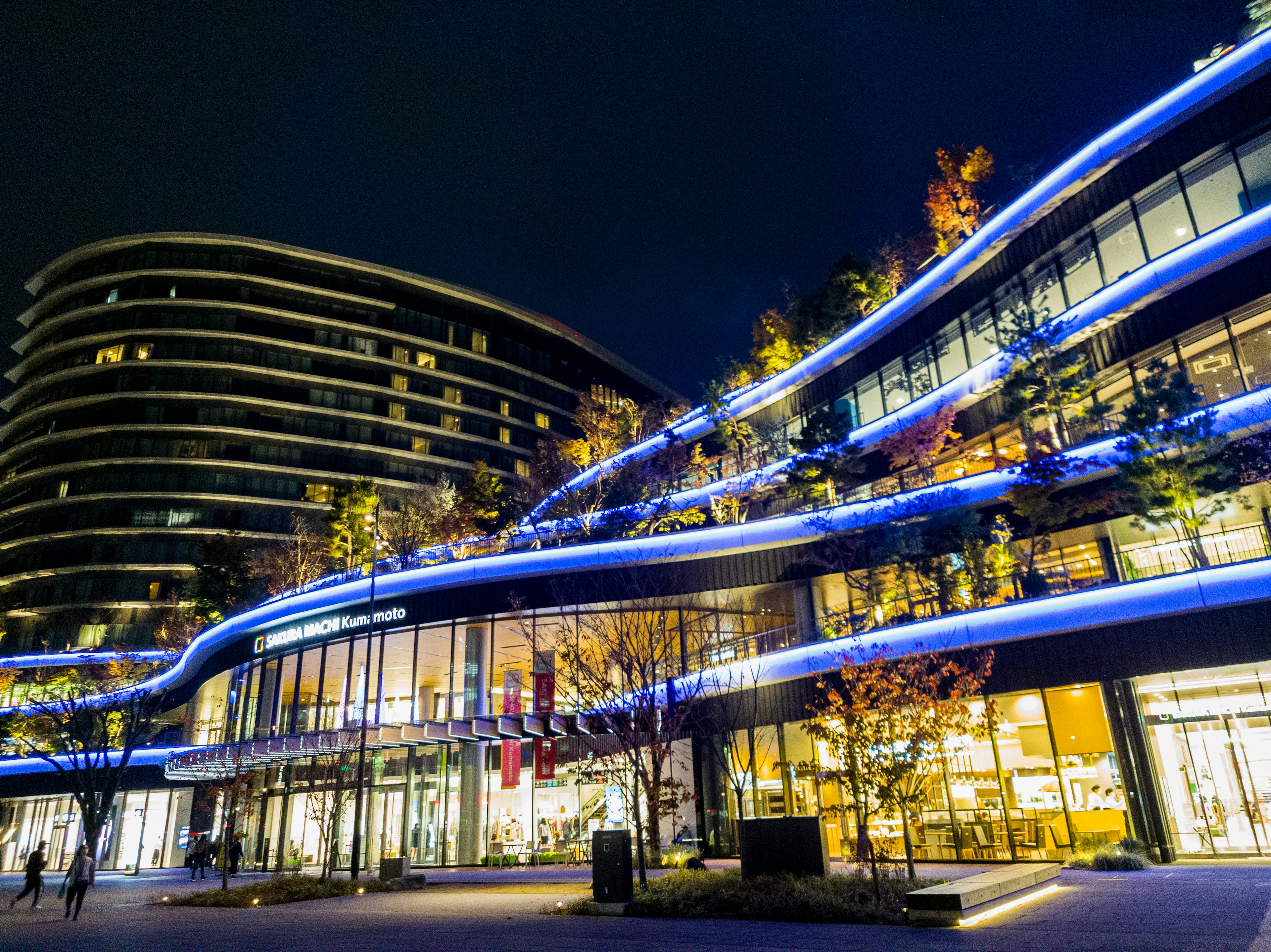 Façade moderne d'un bâtiment illuminé la nuit avec un éclairage bleu et de la verdure